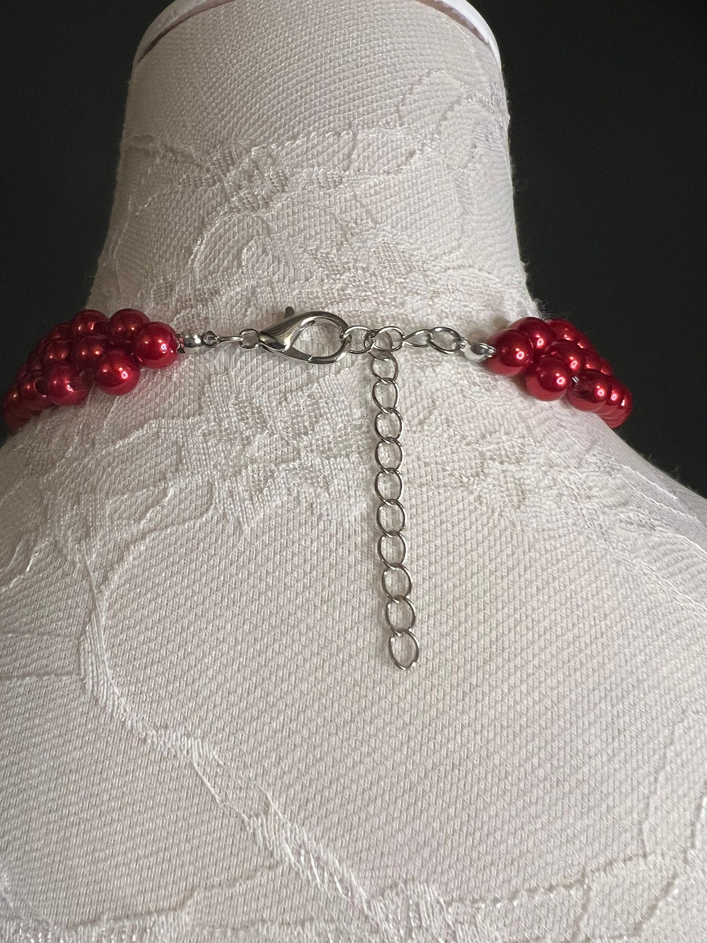 Red Pearl Beaded Necklace and Earrings Set, Handmade Jewelry
