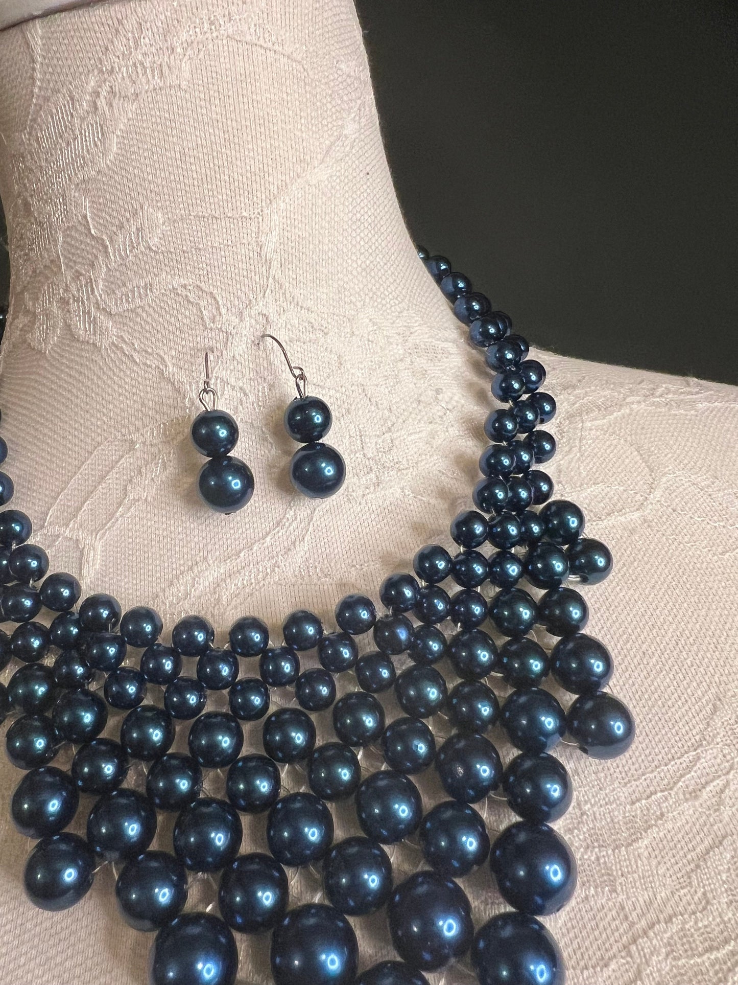 Handmade Navy Beaded Pearl Necklace and Earring Set