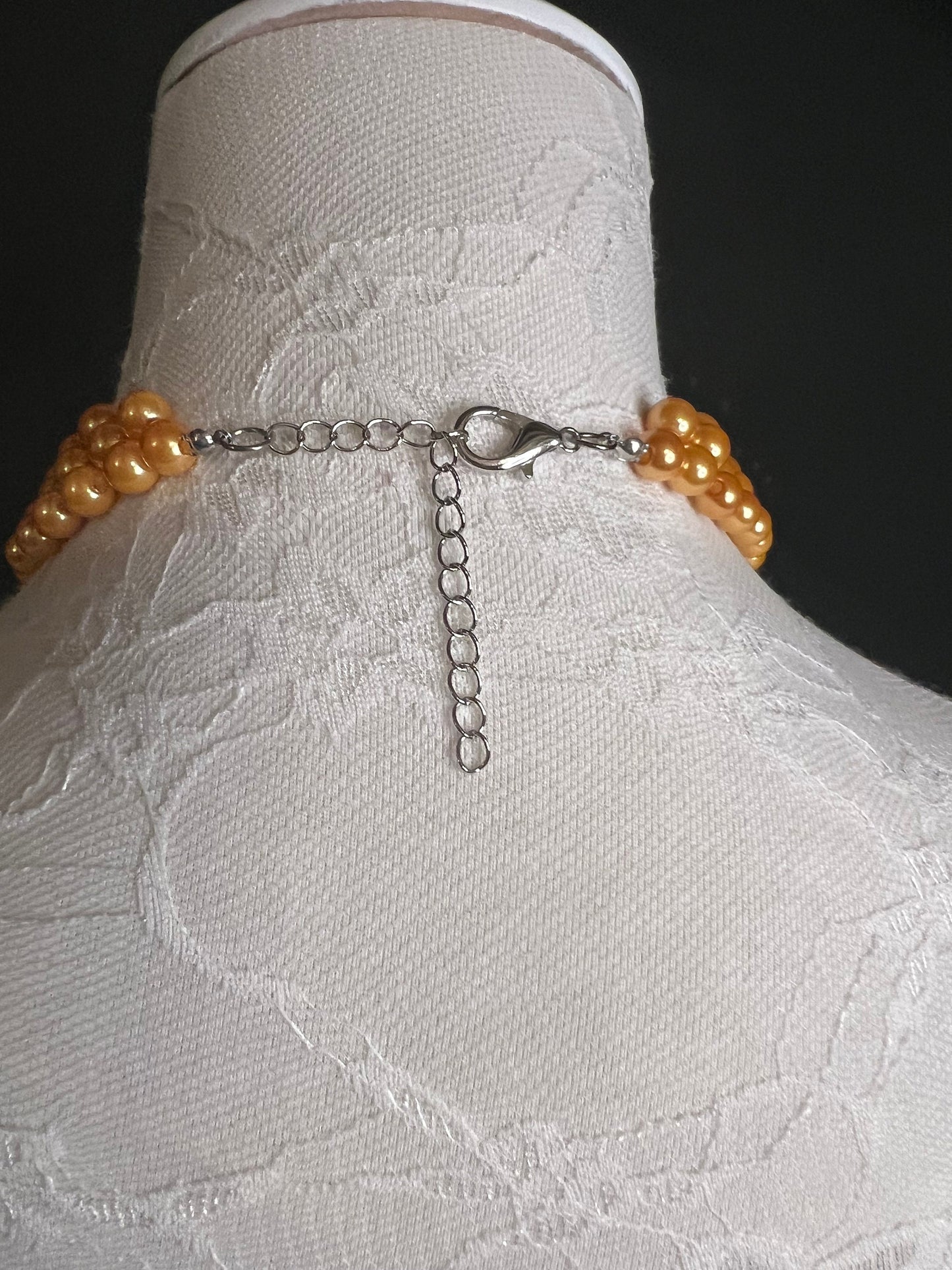 Handmade Pearl Beaded Necklace and Earrings, Mustard Gold Set