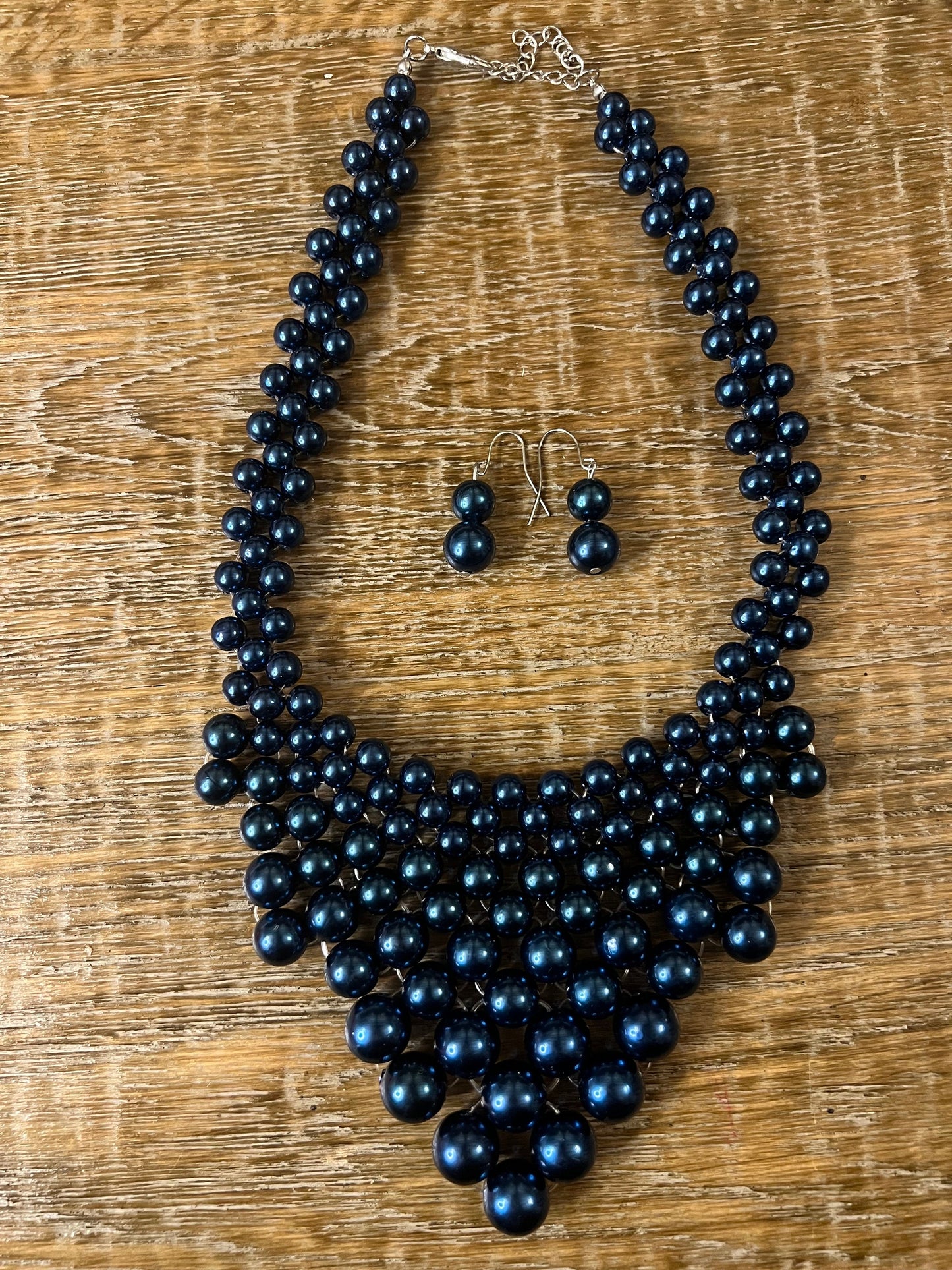 Handmade Navy Beaded Pearl Necklace and Earring Set