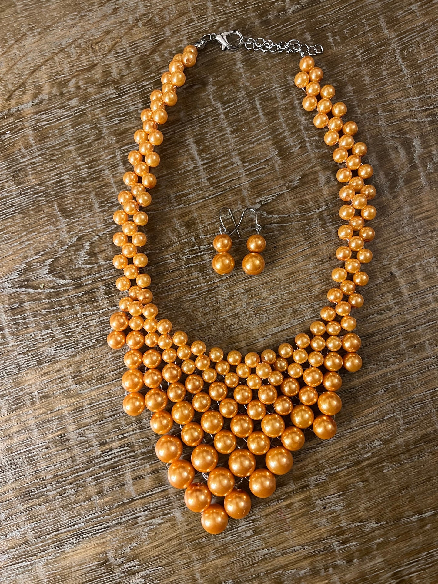 Handmade Pearl Beaded Necklace and Earrings, Mustard Gold Set