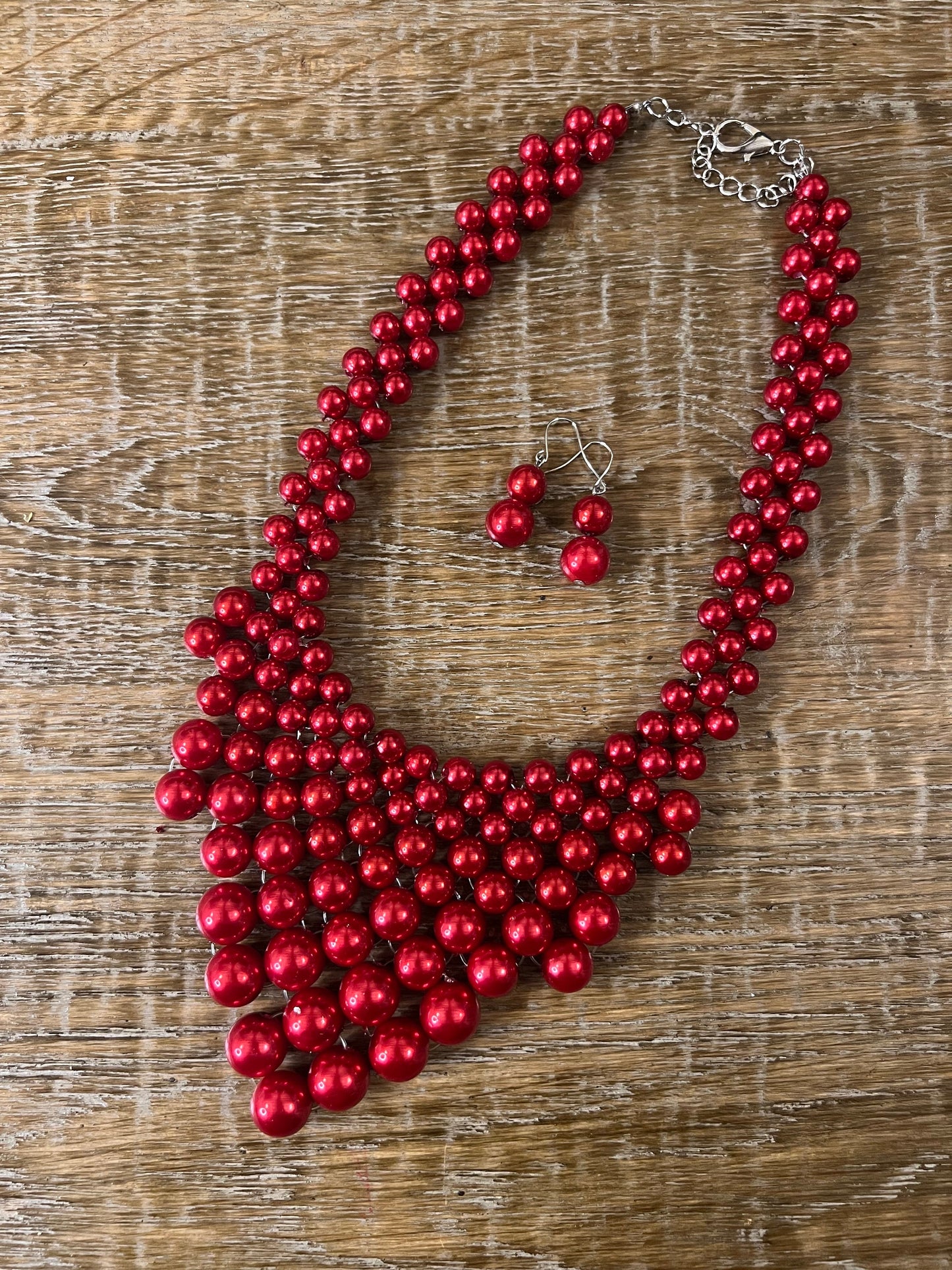 Red Pearl Beaded Necklace and Earrings Set, Handmade Jewelry