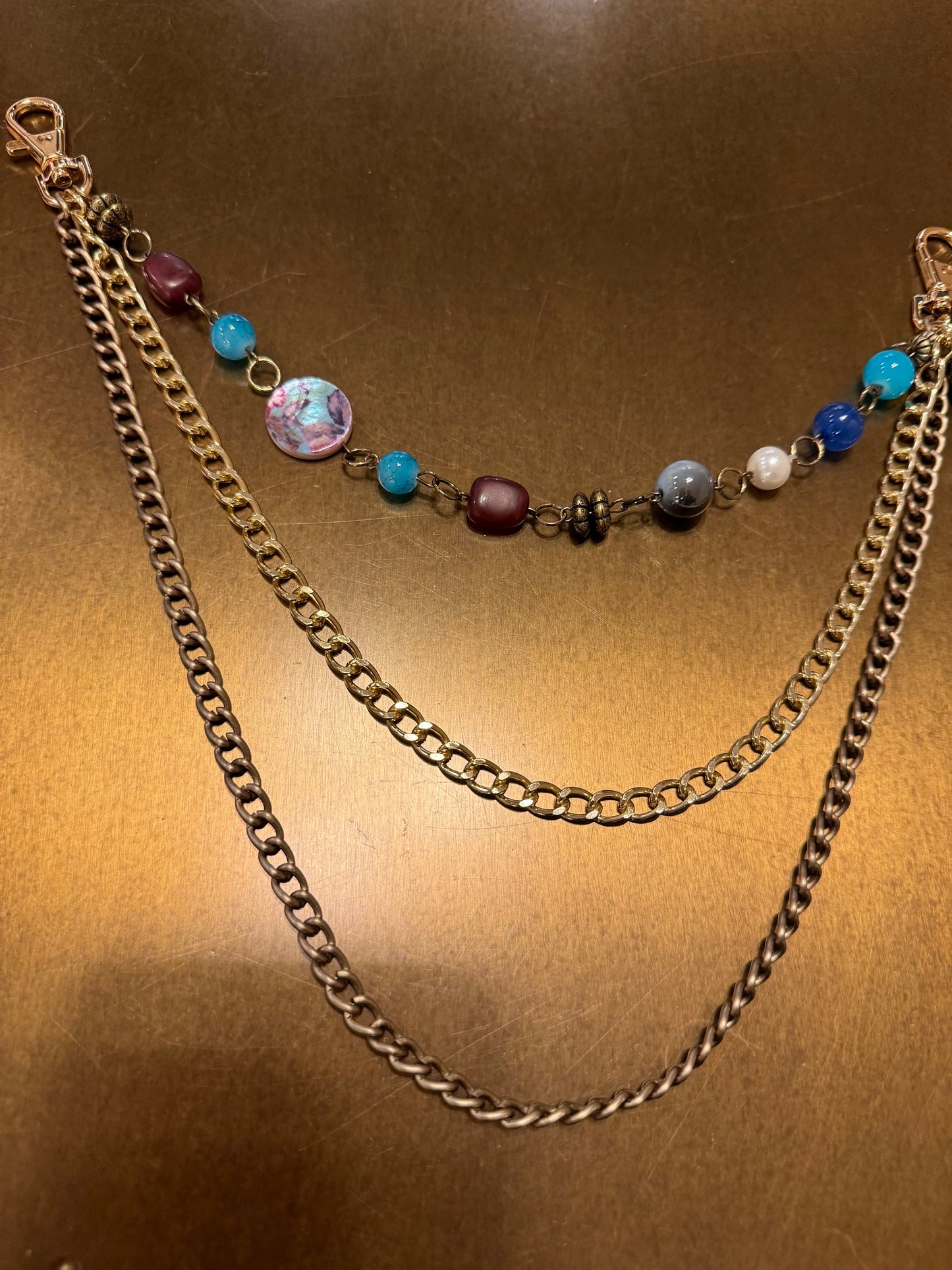 Layered Jeans Chains, 3 size selection, Turquoise, Pearl, Gold Beads