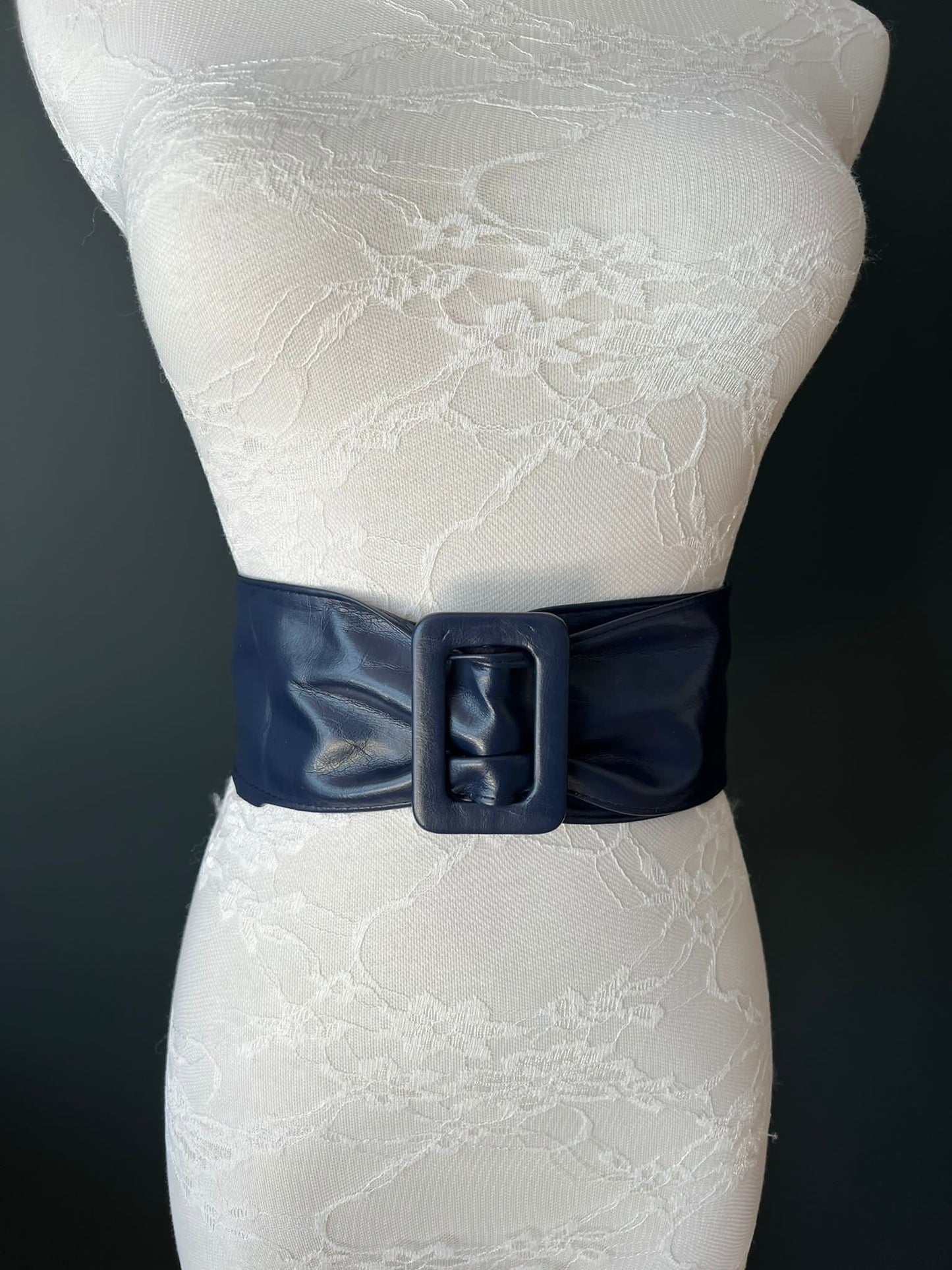 Navy Faux Leather Sash Belt, 3 Inch Wide, Adjustable Fit (UK 6-10)