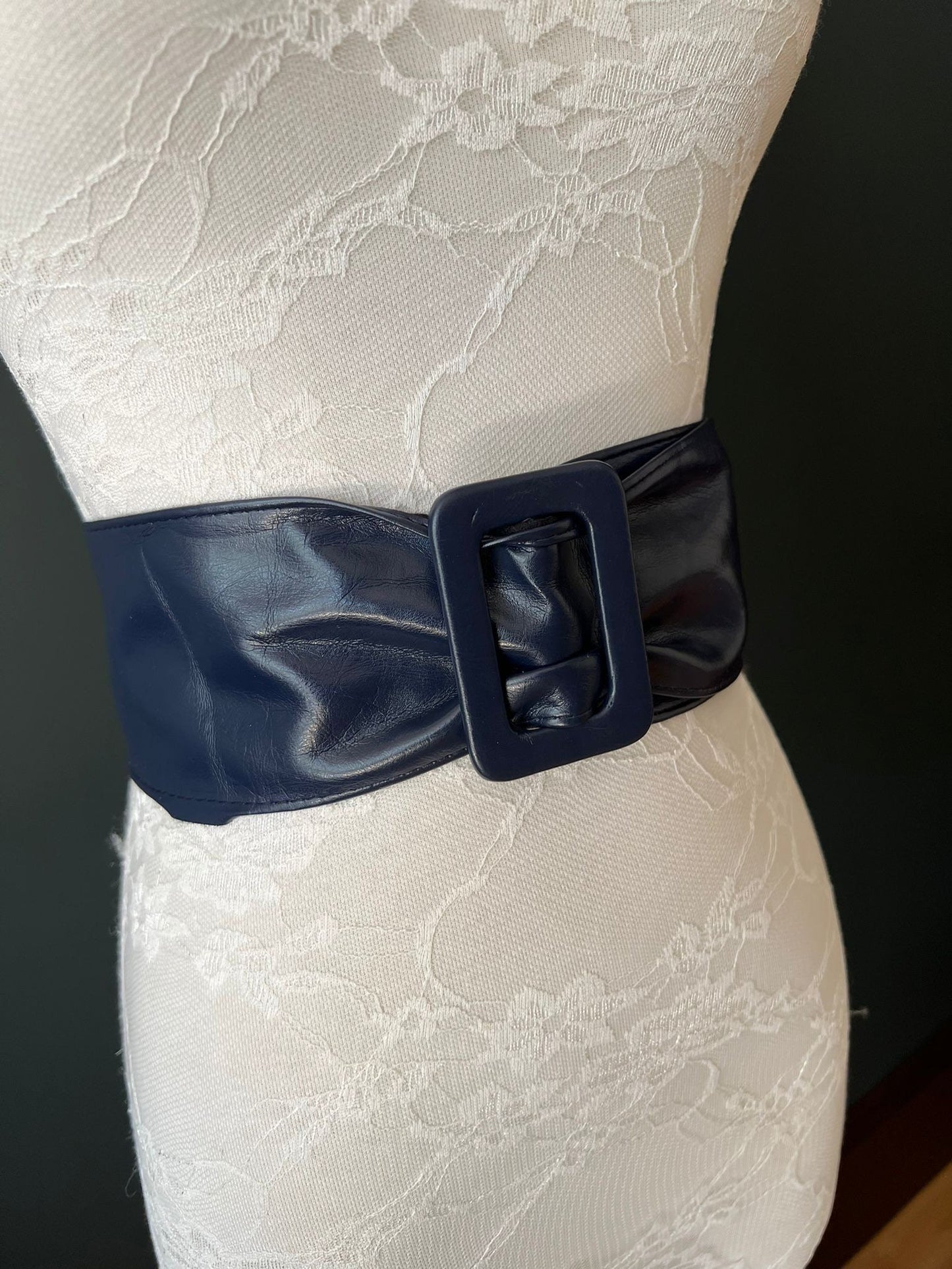 Navy Faux Leather Sash Belt, 3 Inch Wide, Adjustable Fit (UK 6-10)