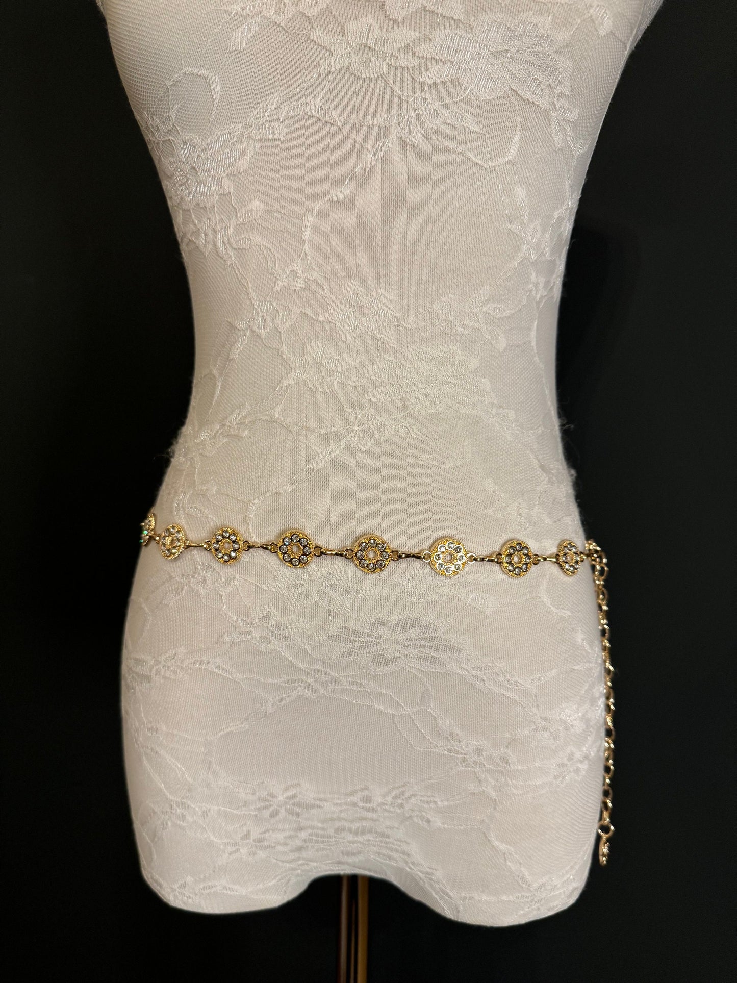 Rhinestone Circle Design Gold Belt – Handmade to Measure 18–60 Inch Waist