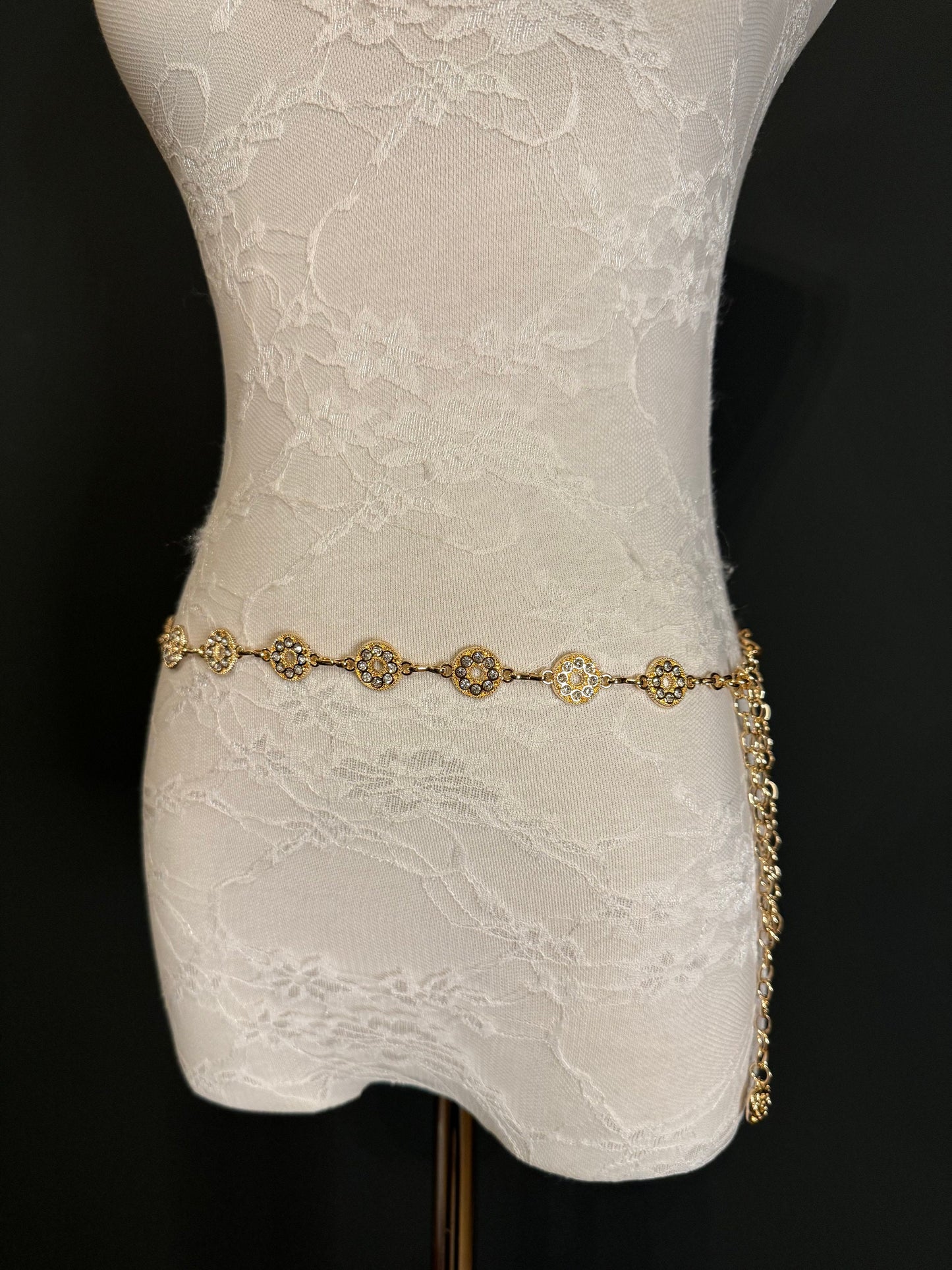 Rhinestone Circle Design Gold Belt – Handmade to Measure 18–60 Inch Waist