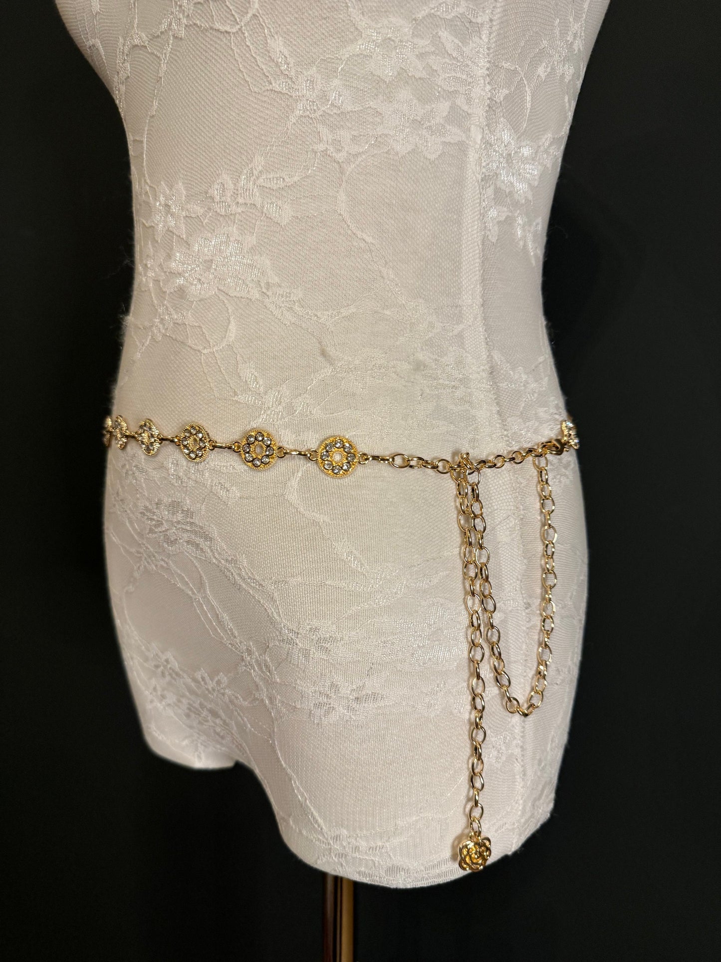Rhinestone Circle Design Gold Belt – Handmade to Measure 18–60 Inch Waist