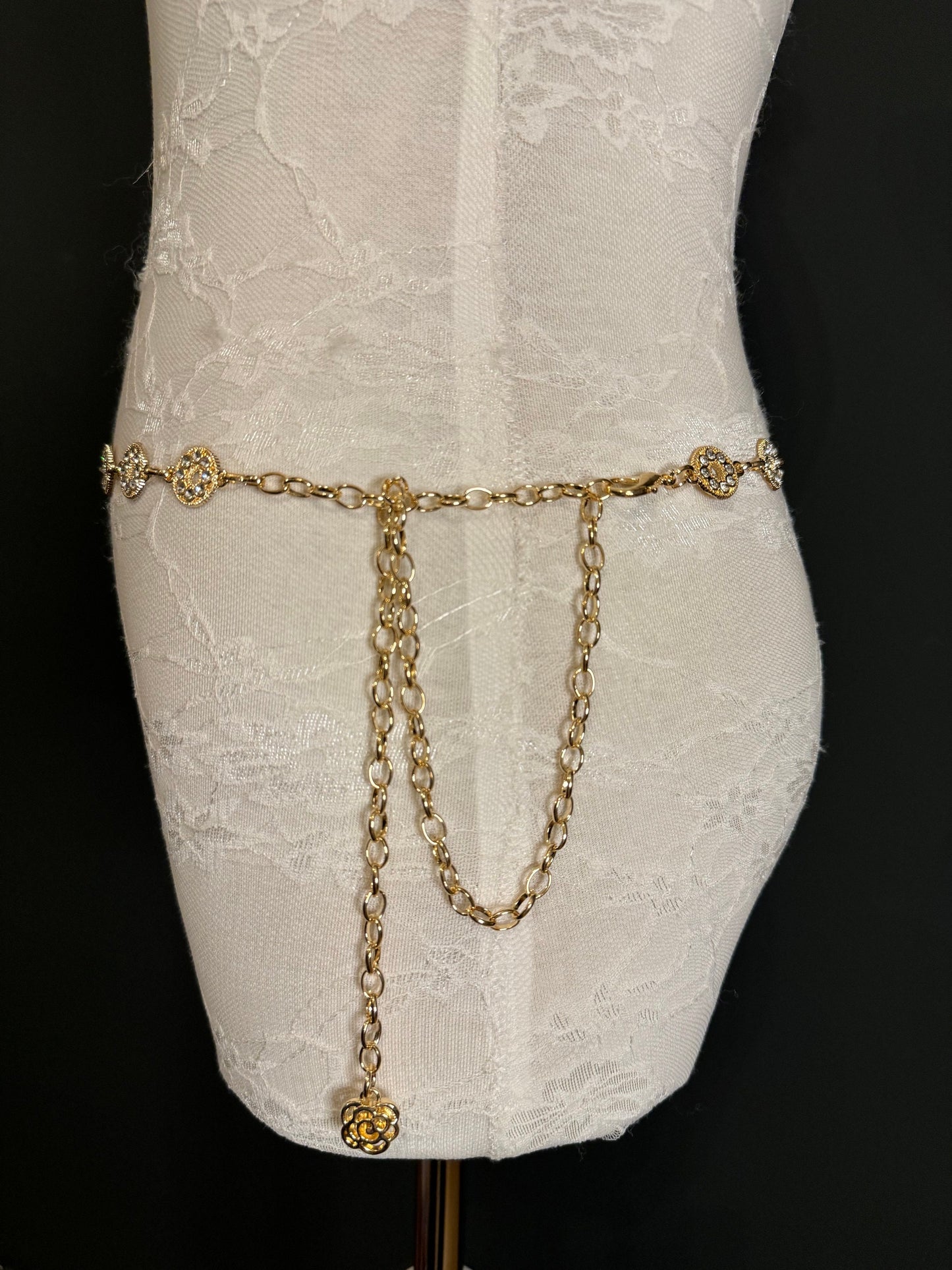 Rhinestone Circle Design Gold Belt – Handmade to Measure 18–60 Inch Waist