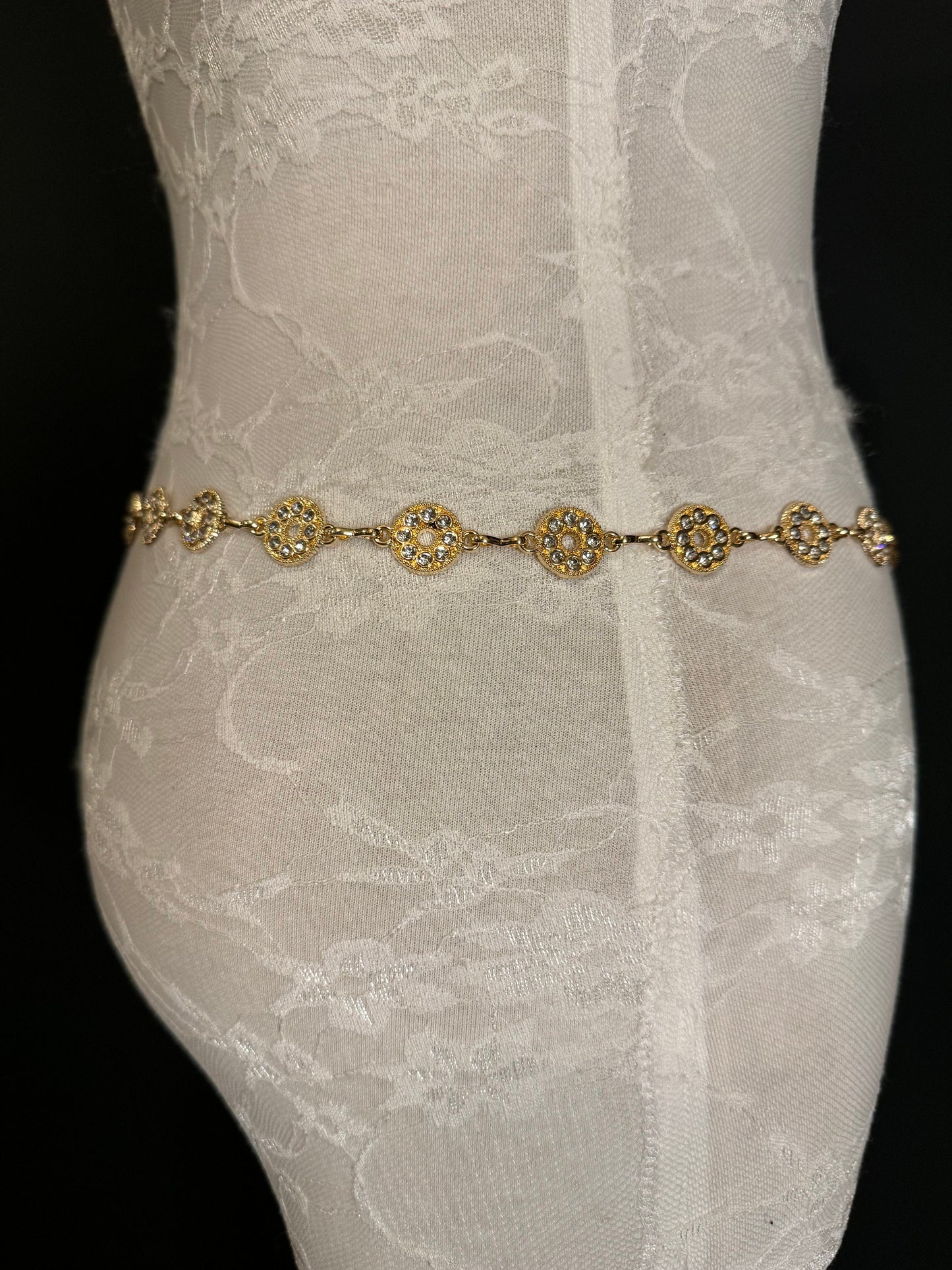 Rhinestone Circle Design Gold Belt – Handmade to Measure 18–60 Inch Waist