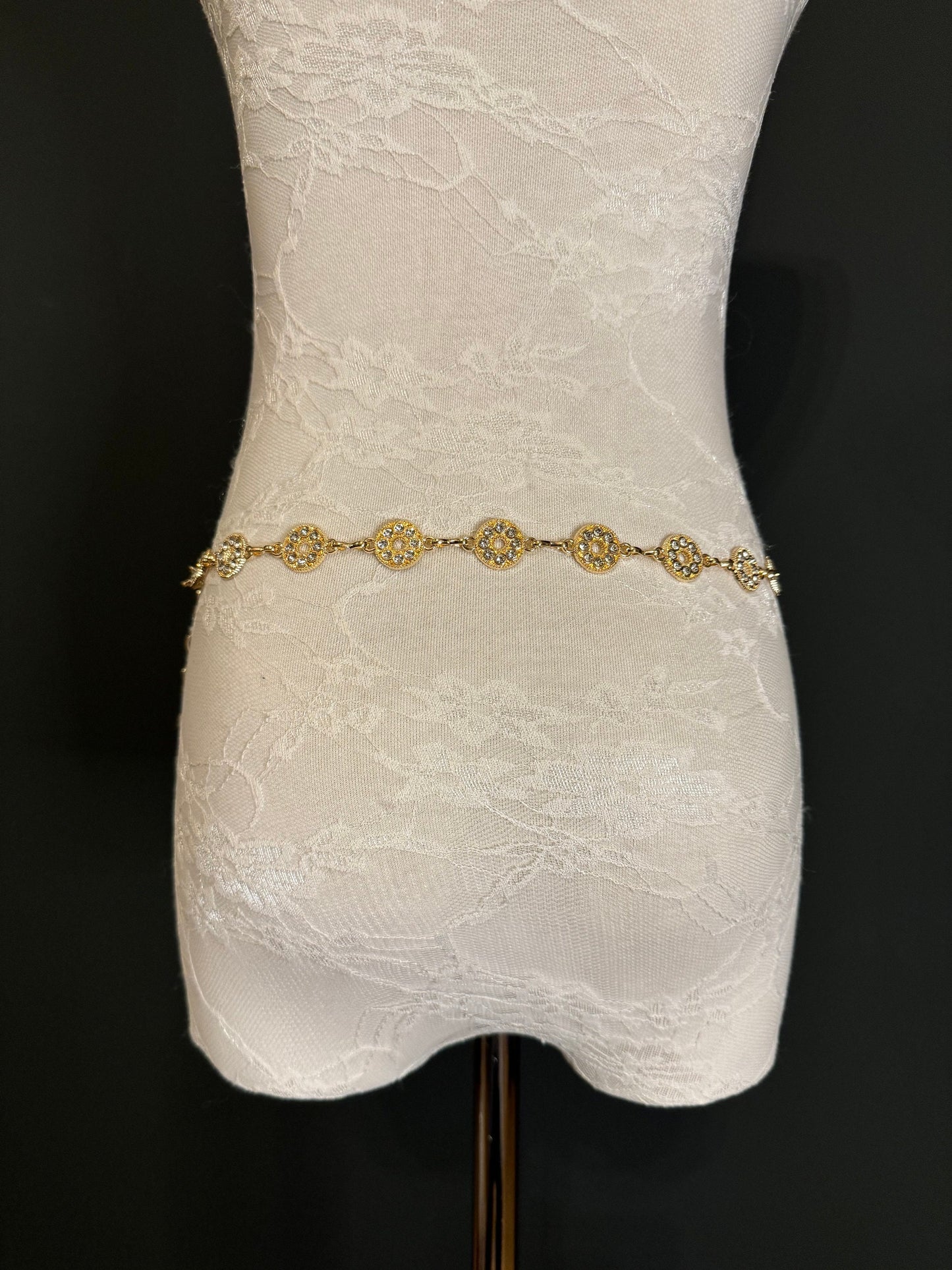 Rhinestone Circle Design Gold Belt – Handmade to Measure 18–60 Inch Waist