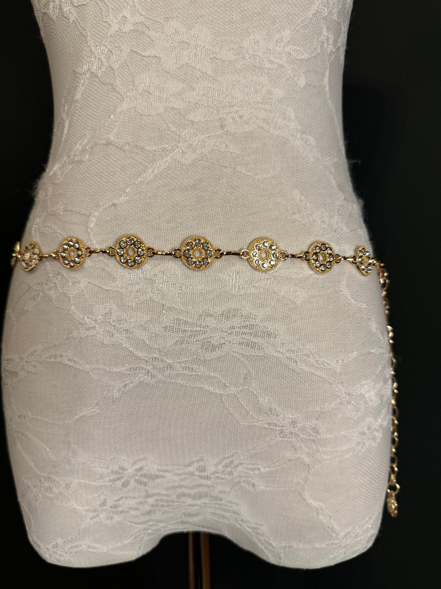 Rhinestone Circle Design Gold Belt – Handmade to Measure 18–60 Inch Waist