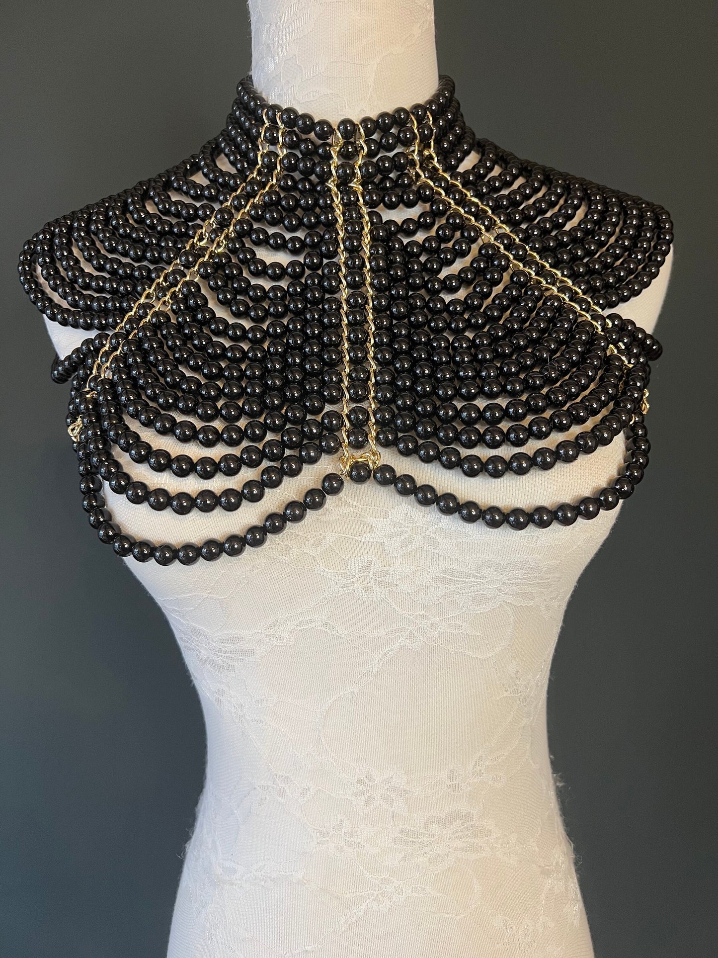 Black Pearl Shoulder Chain, Elegant Bridal Body Jewelry