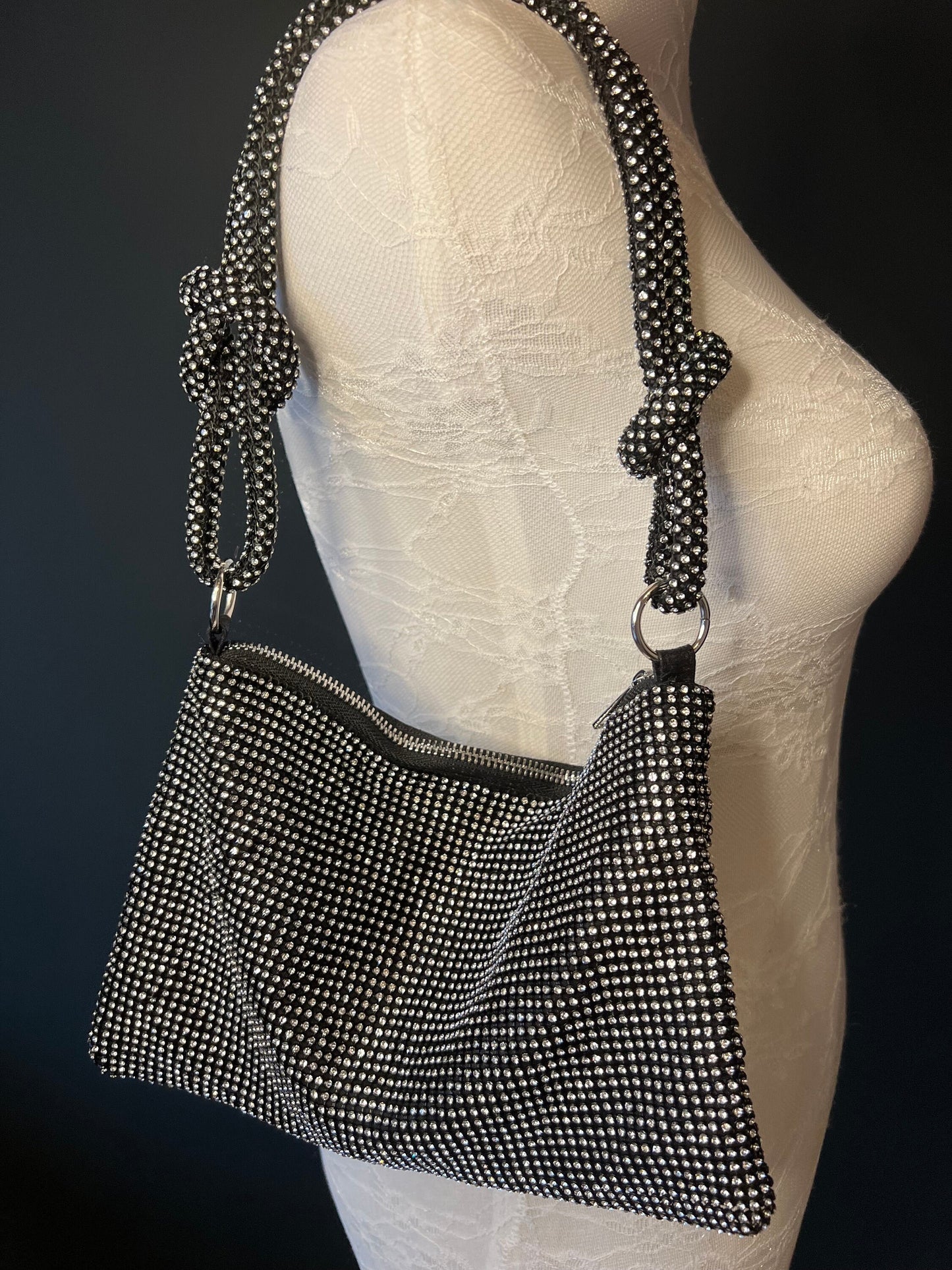 Black Rhinestone Mesh Evening Bag, Party Clutch