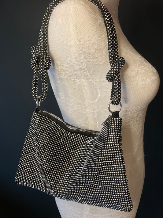 Black Rhinestone Mesh Evening Bag, Party Clutch