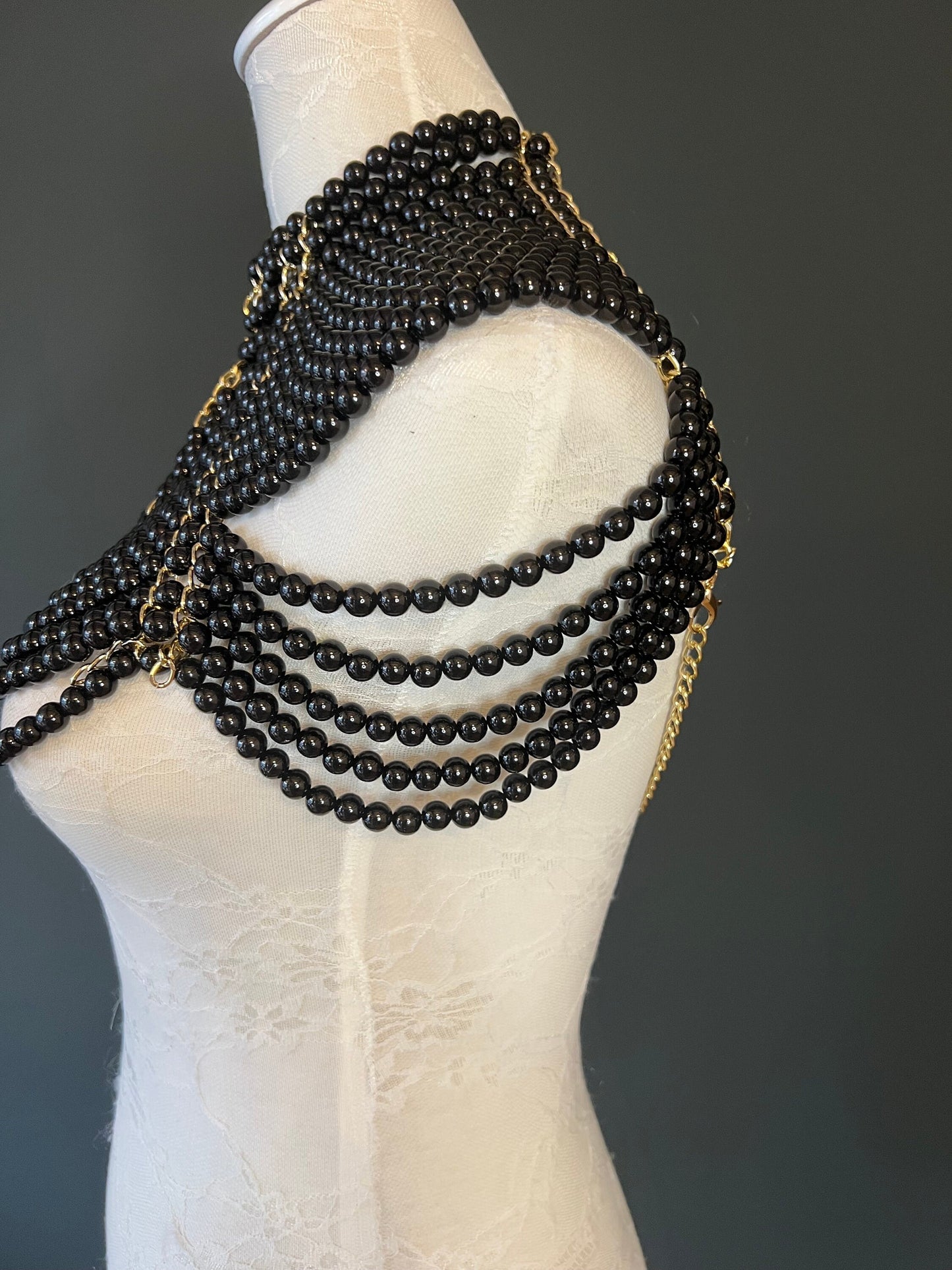 Black Pearl Shoulder Chain, Elegant Bridal Body Jewelry