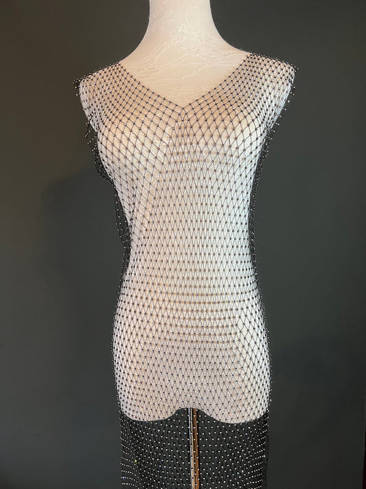 Fishnet Beach Cover Up Top, Embellished Rhinestone Cover Up Dress, Hand made, FAN design, Exclusive, Sizes S, M, L Black