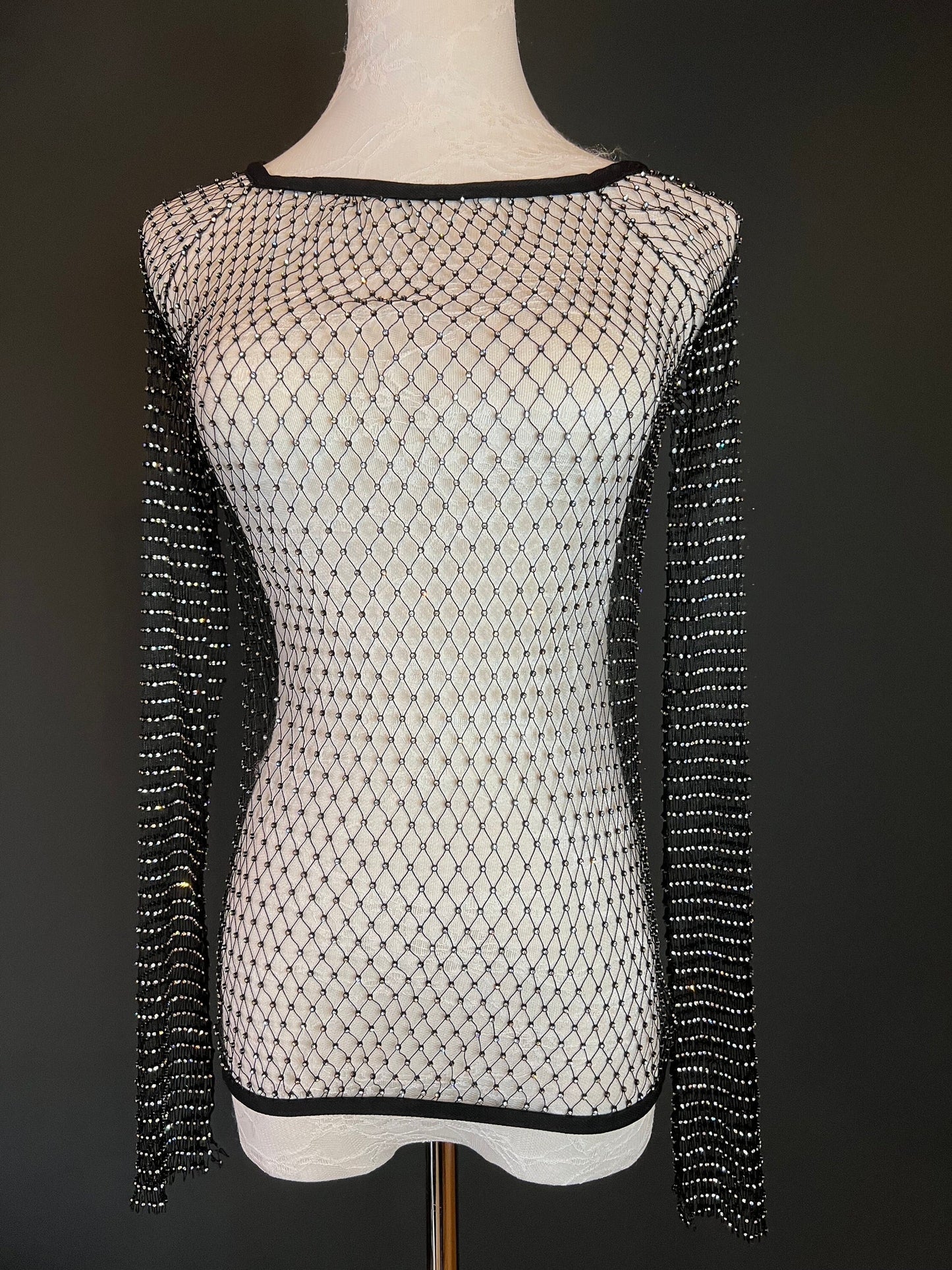 Fishnet Beach Cover Up Top, Embellished Rhinestone Cover Up Top, Hand made, Long Sleeve, FAN design, Exclusive, Sizes S, M, L Black