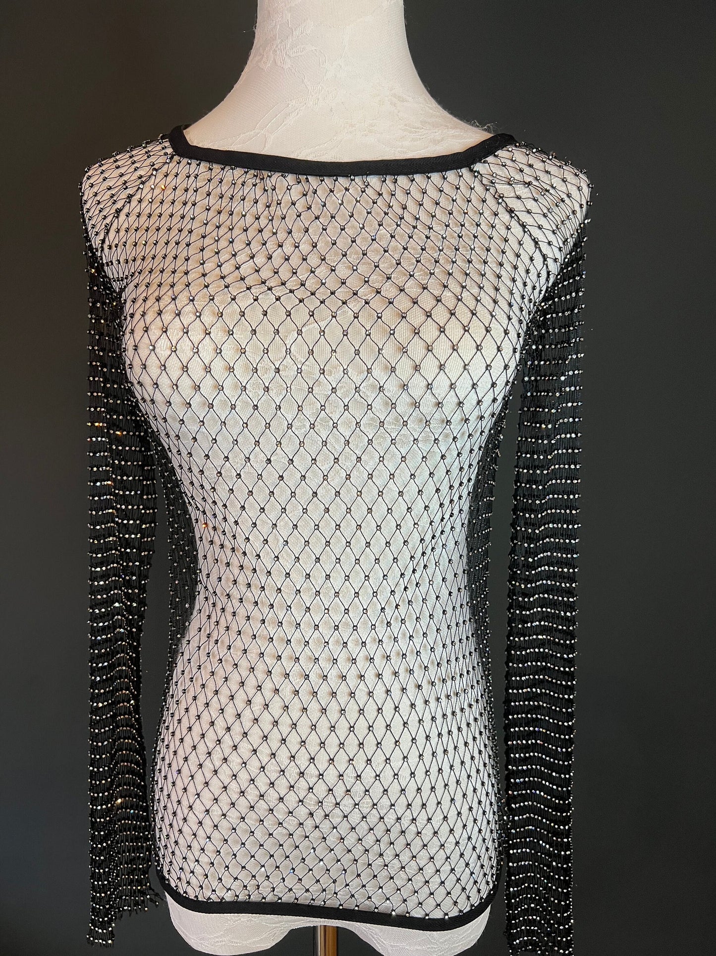 Fishnet Beach Cover Up Top, Embellished Rhinestone Cover Up Top, Hand made, Long Sleeve, FAN design, Exclusive, Sizes S, M, L Black