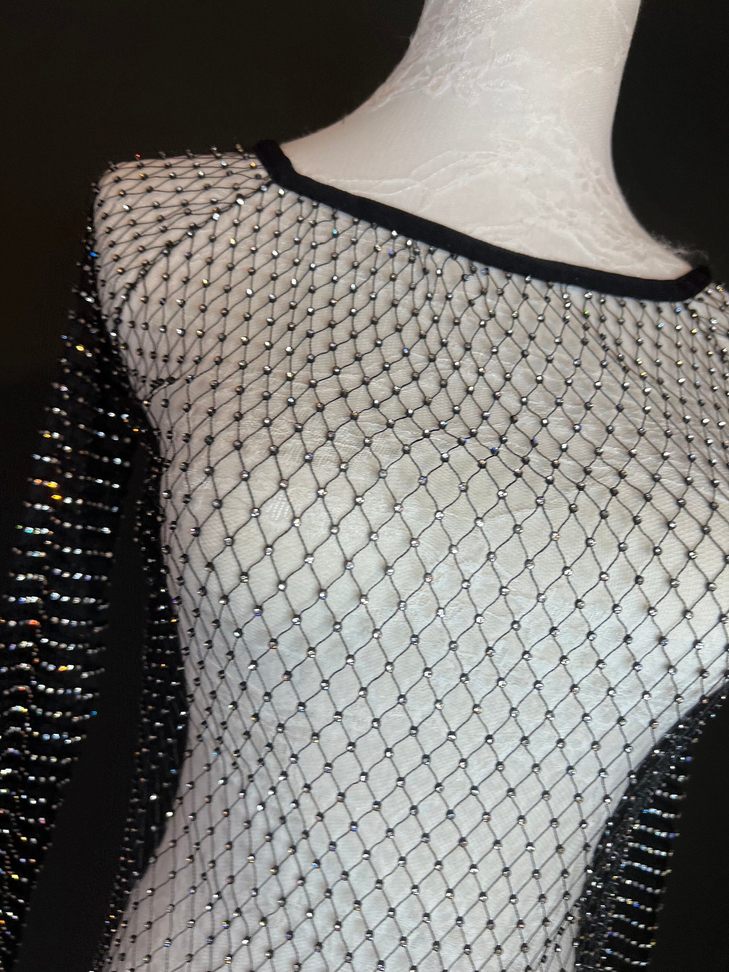 Fishnet Beach Cover Up Top, Embellished Rhinestone Cover Up Top, Hand made, Long Sleeve, FAN design, Exclusive, Sizes S, M, L Black