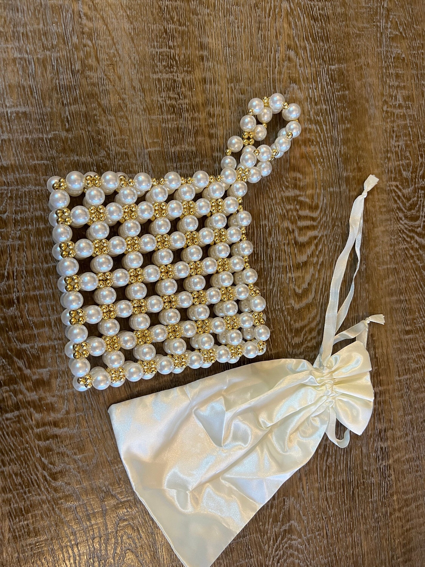 Pearl Handbag with Gold Bead detail, Removable satin bag, Ivory Pearl, Bridal Handbag, Elegant, Evening Bag, Gift