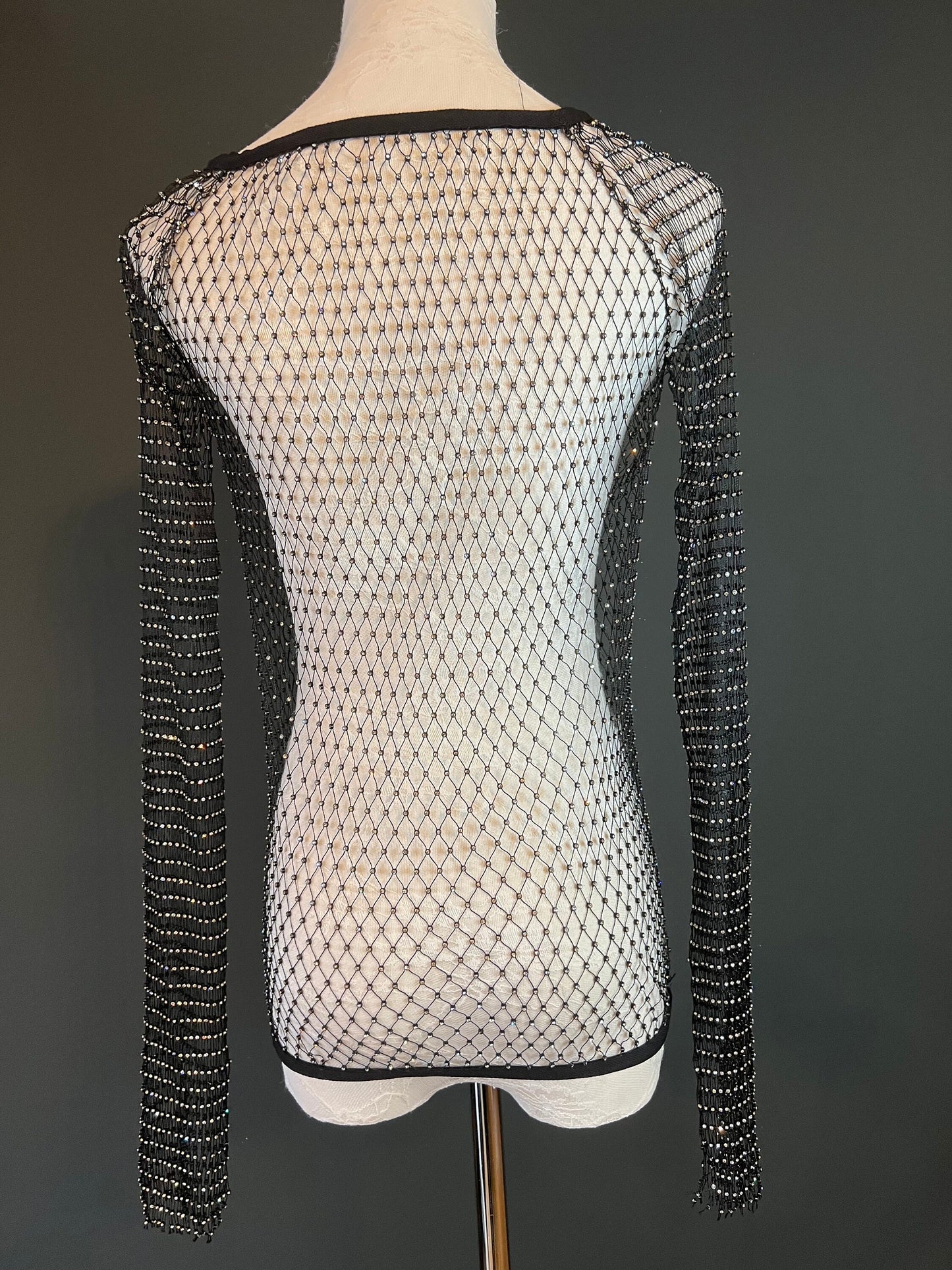 Fishnet Beach Cover Up Top, Embellished Rhinestone Cover Up Top, Hand made, Long Sleeve, FAN design, Exclusive, Sizes S, M, L Black