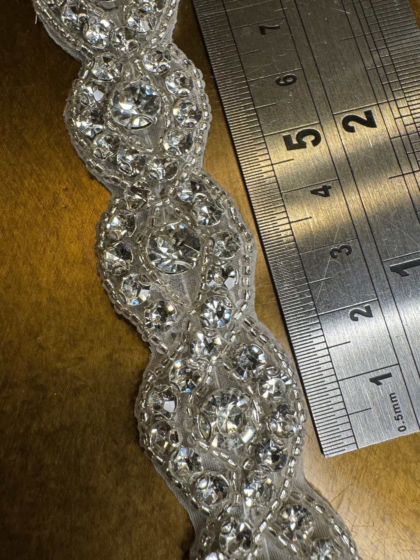 Rhinestone Diamante Bridal Trim, Silver Beaded Applique, 2.5cm Wide