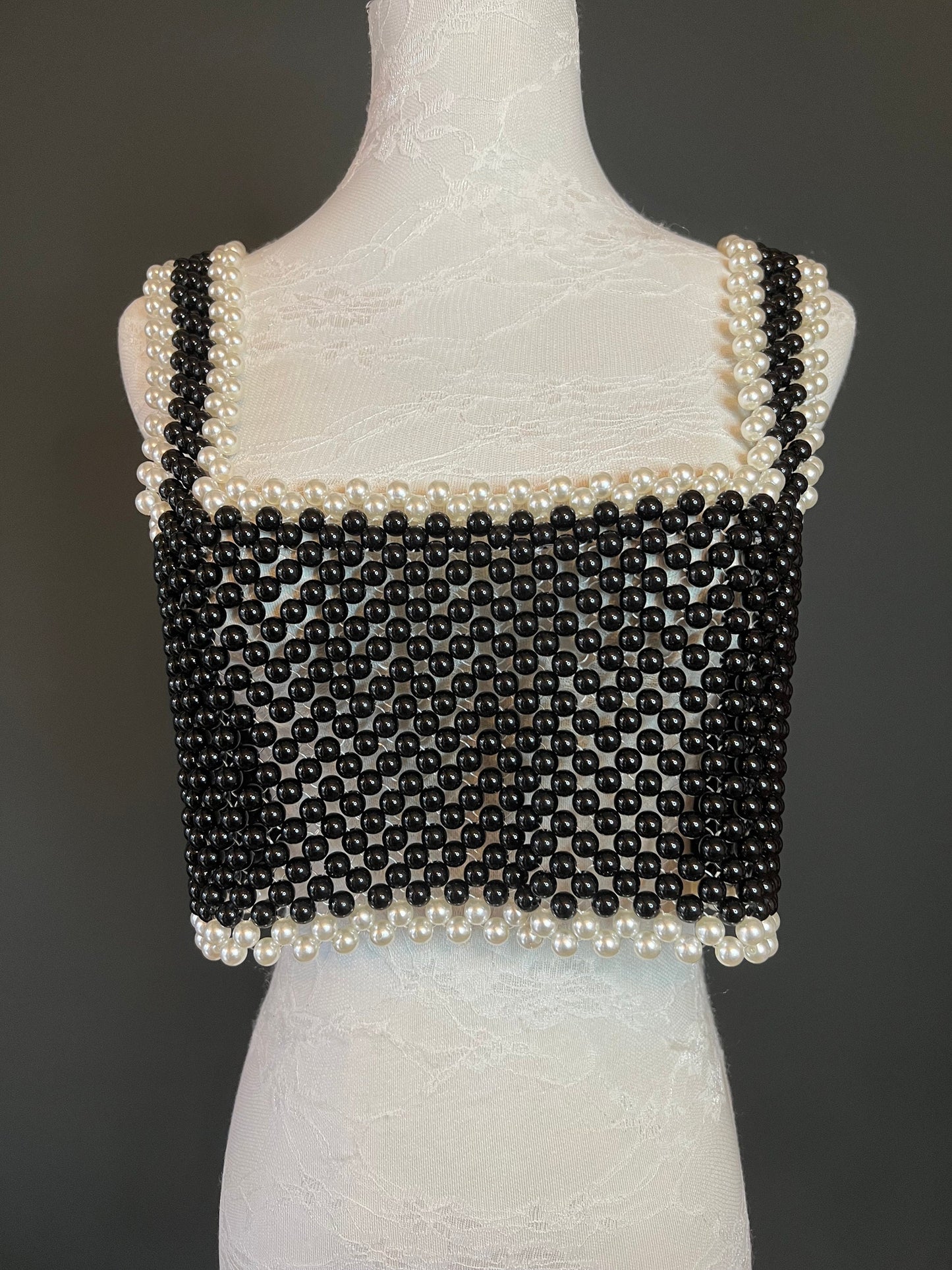 Pearl Vest Top, Black Ivory Pearl Body Chain, Luxurious Pearls, UK 6-12, FAN Fashion Collection