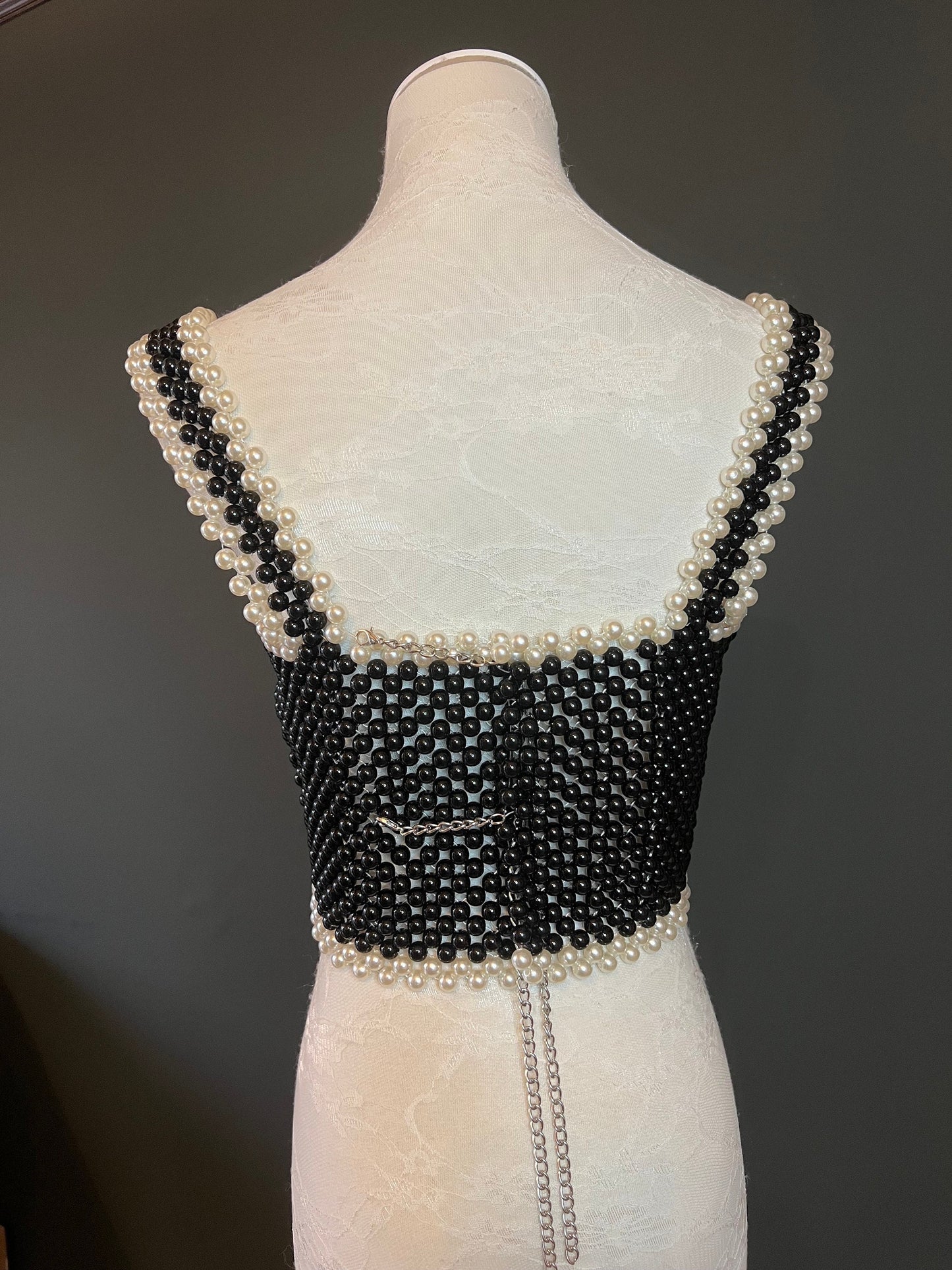 Pearl Vest Top, Black Ivory Pearl Body Chain, Luxurious Pearls, UK 6-12, FAN Fashion Collection