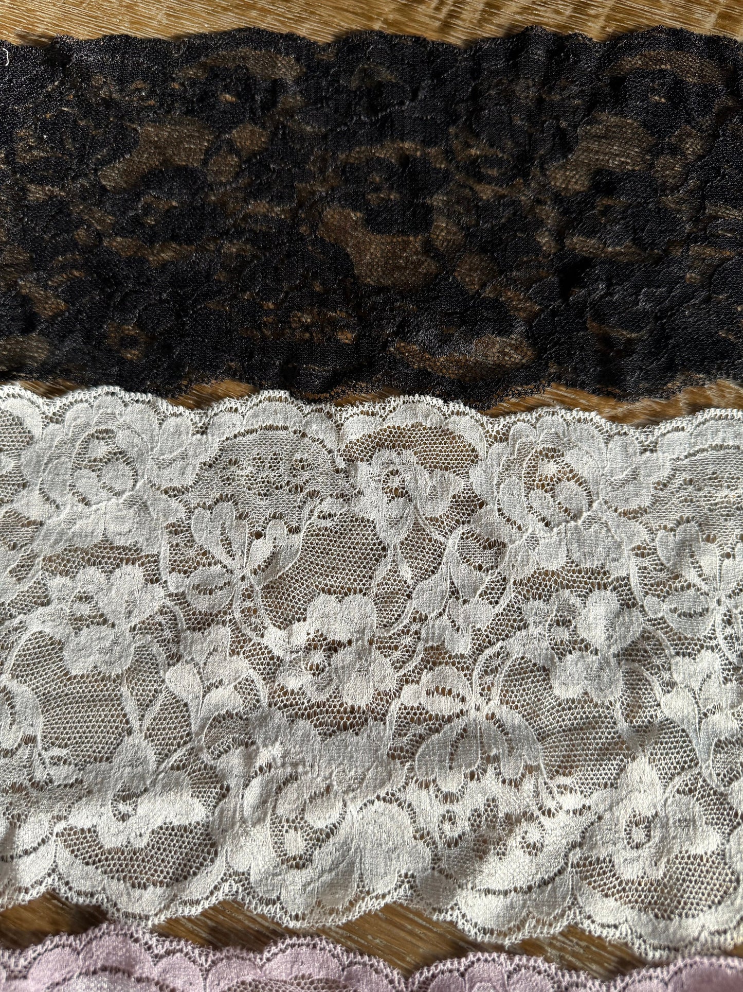 5" Wide Stretch Lace Trim, Pale Pink, Black, Ivory