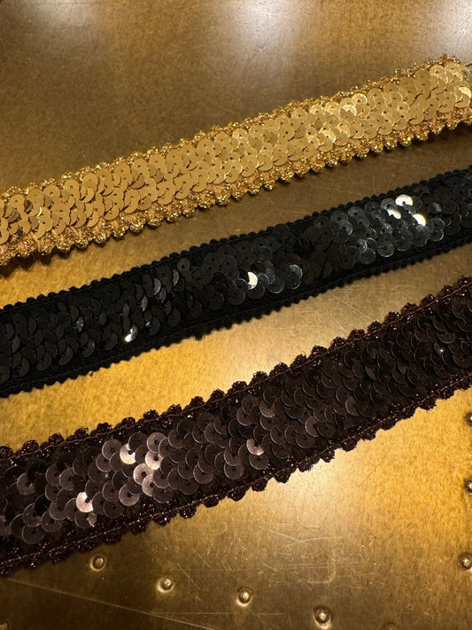 Sequins Elastic, Lurex Edge Sequins, 32mm Wide, Sequins Band, Elastic Sequins, Dance, Costumes, Headband, Waistband, Black, Gold, Brown