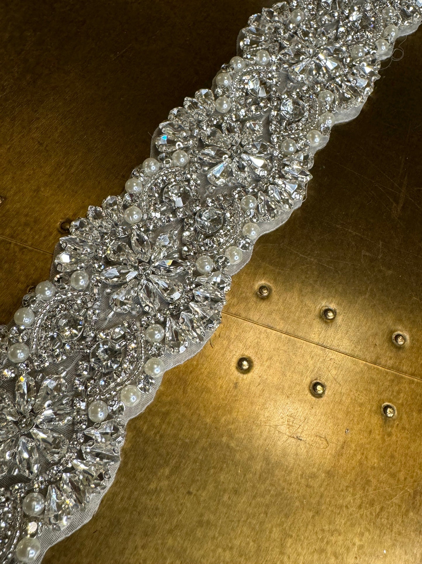 Rhinestone Diamante Pearl Trim, Wedding Dress, Bridal, Belt, Bridalwear, Bead Applique, Silver, Sew on, Iron on, 2” (5cm) Wide