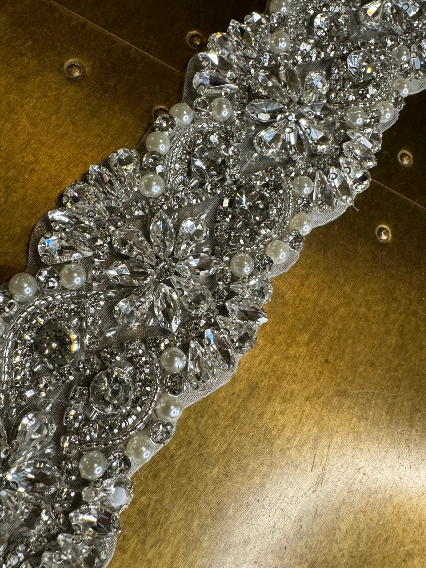 Rhinestone Diamante Pearl Trim, Wedding Dress, Bridal, Belt, Bridalwear, Bead Applique, Silver, Sew on, Iron on, 2” (5cm) Wide