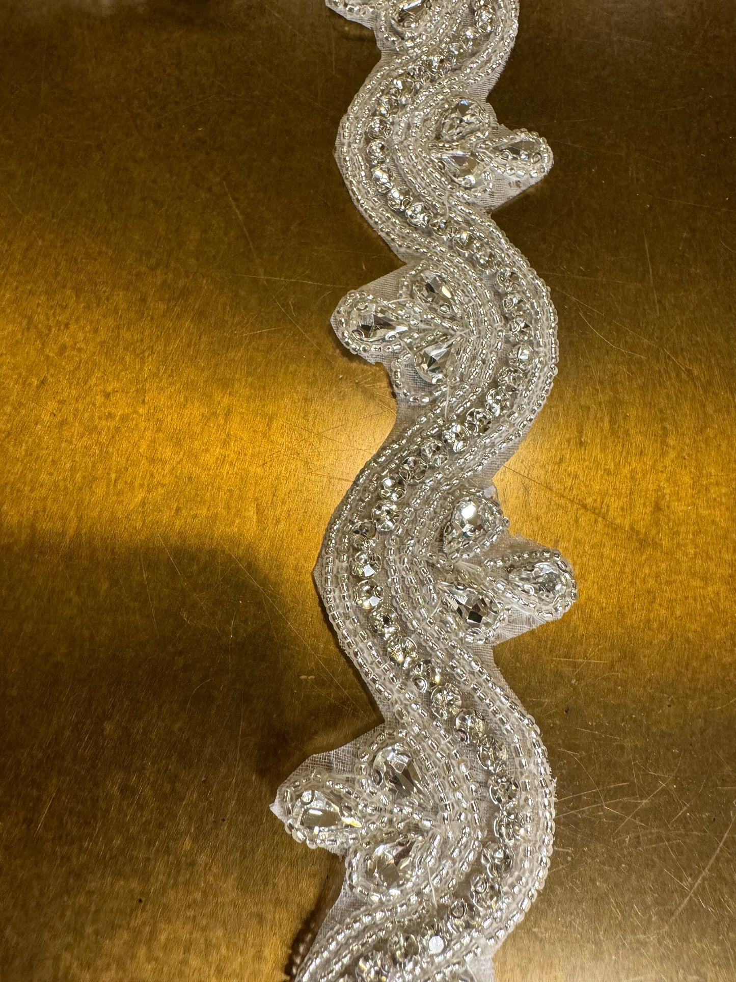 Wavey Rhinestone Diamante Trim, Silver Beaded Applique, 4cm Wide