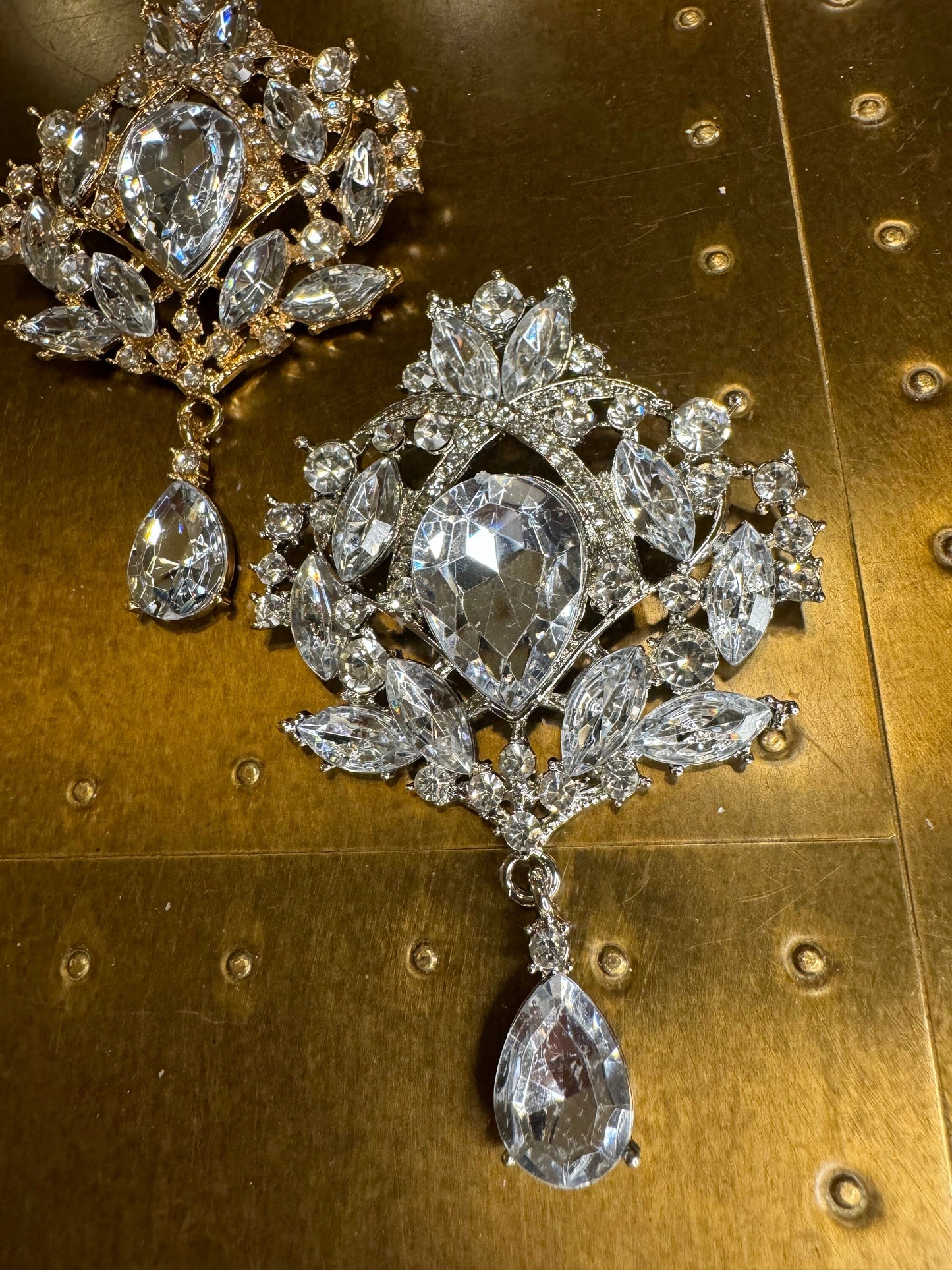 Rhinestone Crystal Bridal Brooch, Gold or Silver Diamanté, 3.5”