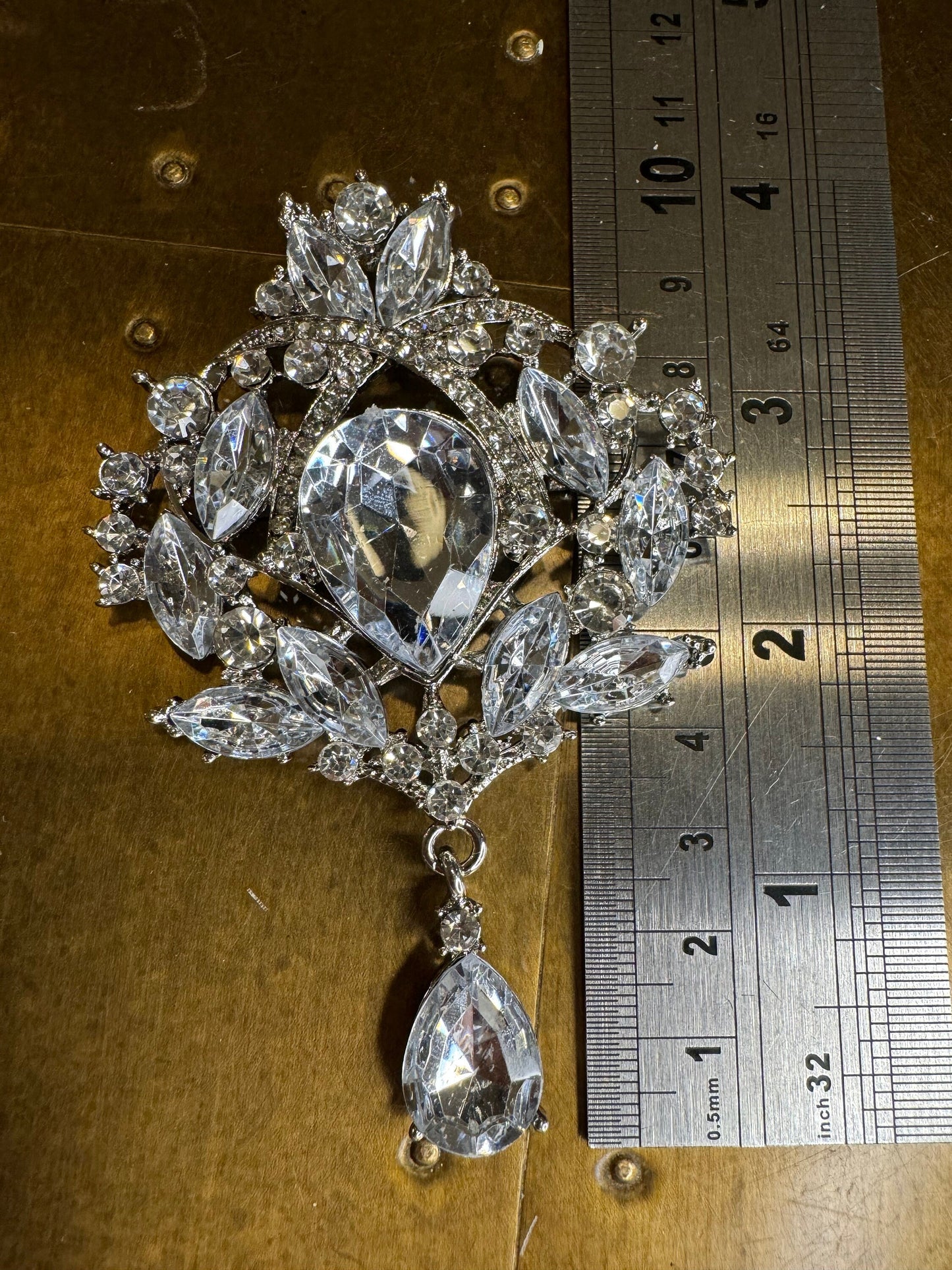 Rhinestone Crystal Bridal Brooch, Gold or Silver Diamanté, 3.5”