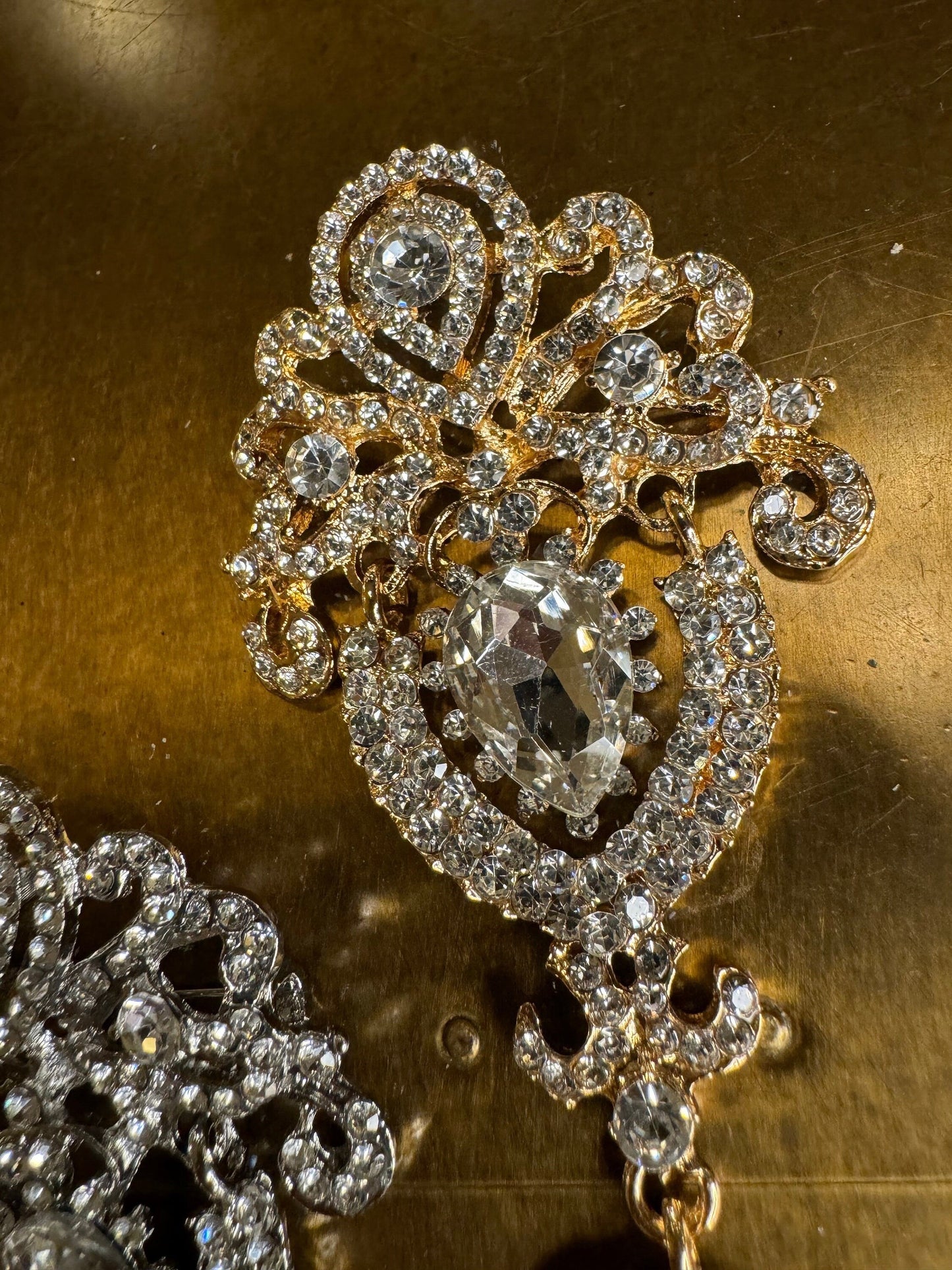 Rhinestone Crystal Bridal Brooch, Gold or Silver, 3.5” Diamanté Jewel