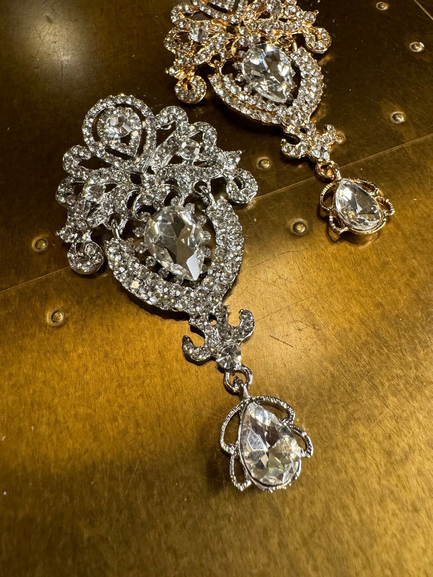 Rhinestone Crystal Bridal Brooch, Gold or Silver, 3.5” Diamanté Jewel