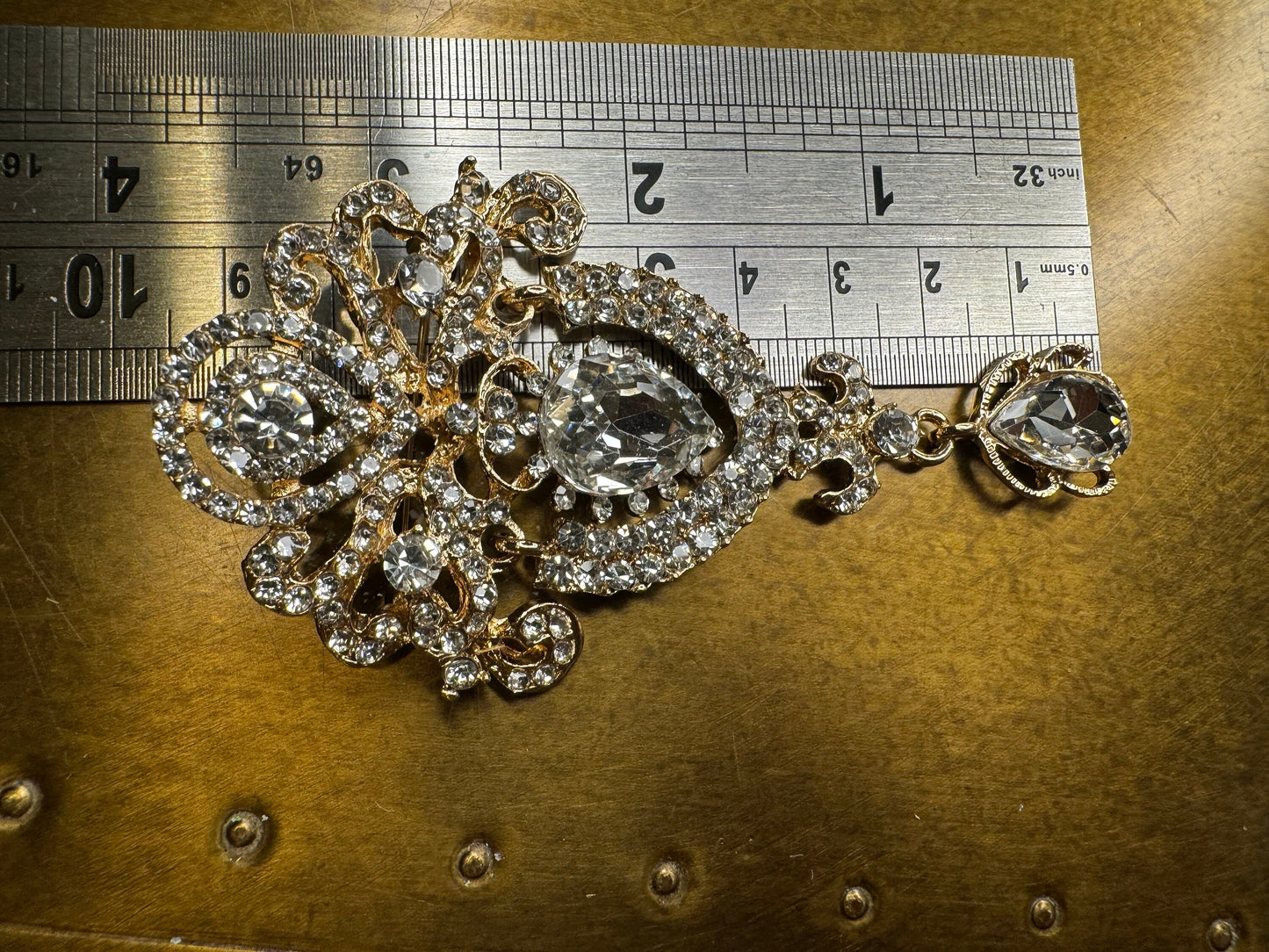 Rhinestone Crystal Bridal Brooch, Gold or Silver, 3.5” Diamanté Jewel
