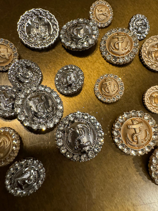 Anchor Metal Rhinestone Buttons, Nautical, Matt Gold, Silver, Diamanté Anchor Buttons, Shank Buttons, Quality Buttons, 40L, 25mm, 28L, 18mm