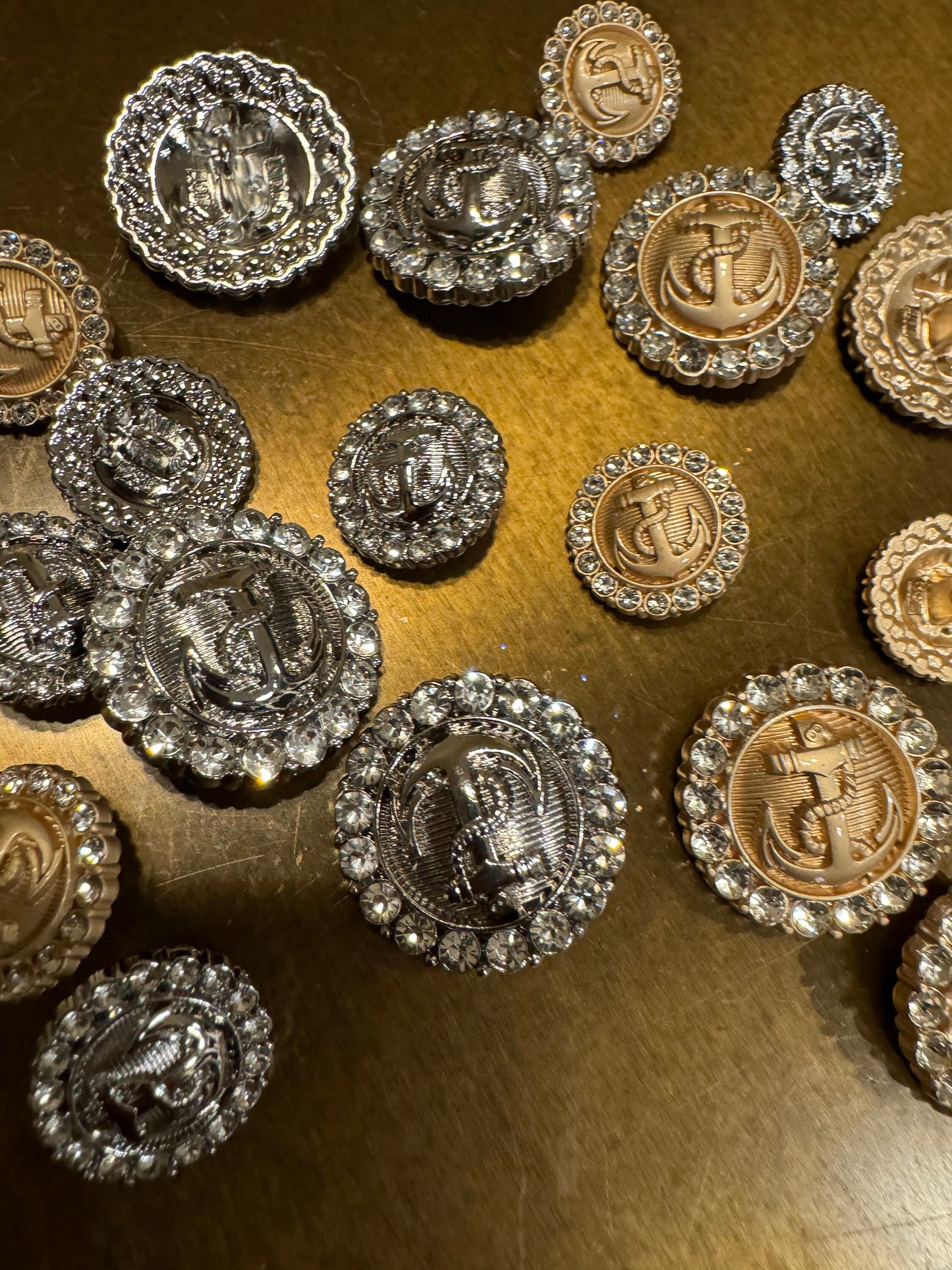 Rhinestone Anchor Shank Buttons, Nautical, Gold or Silver (25mm or 18mm)