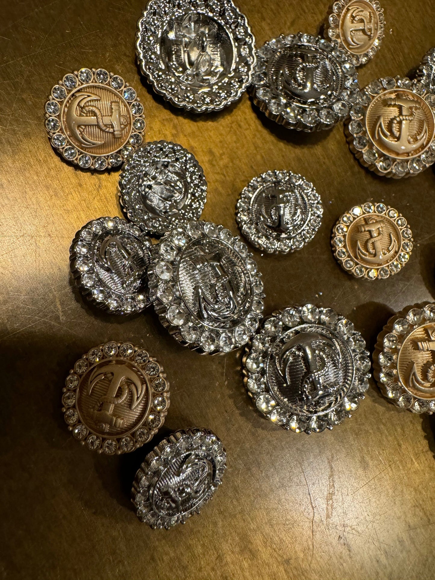 Rhinestone Anchor Shank Buttons, Nautical, Gold or Silver (25mm or 18mm)
