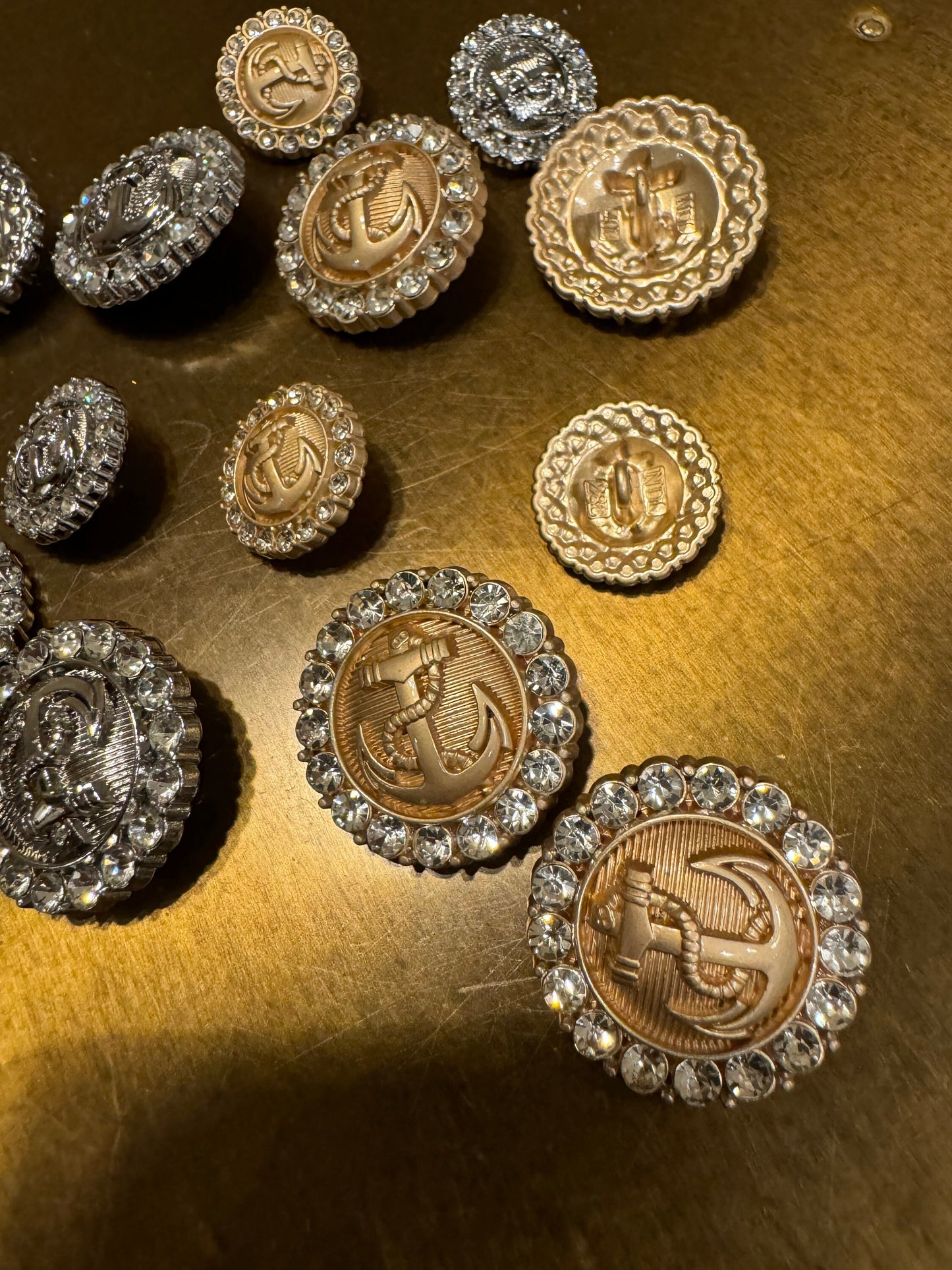 Rhinestone Anchor Shank Buttons, Nautical, Gold or Silver (25mm or 18mm)