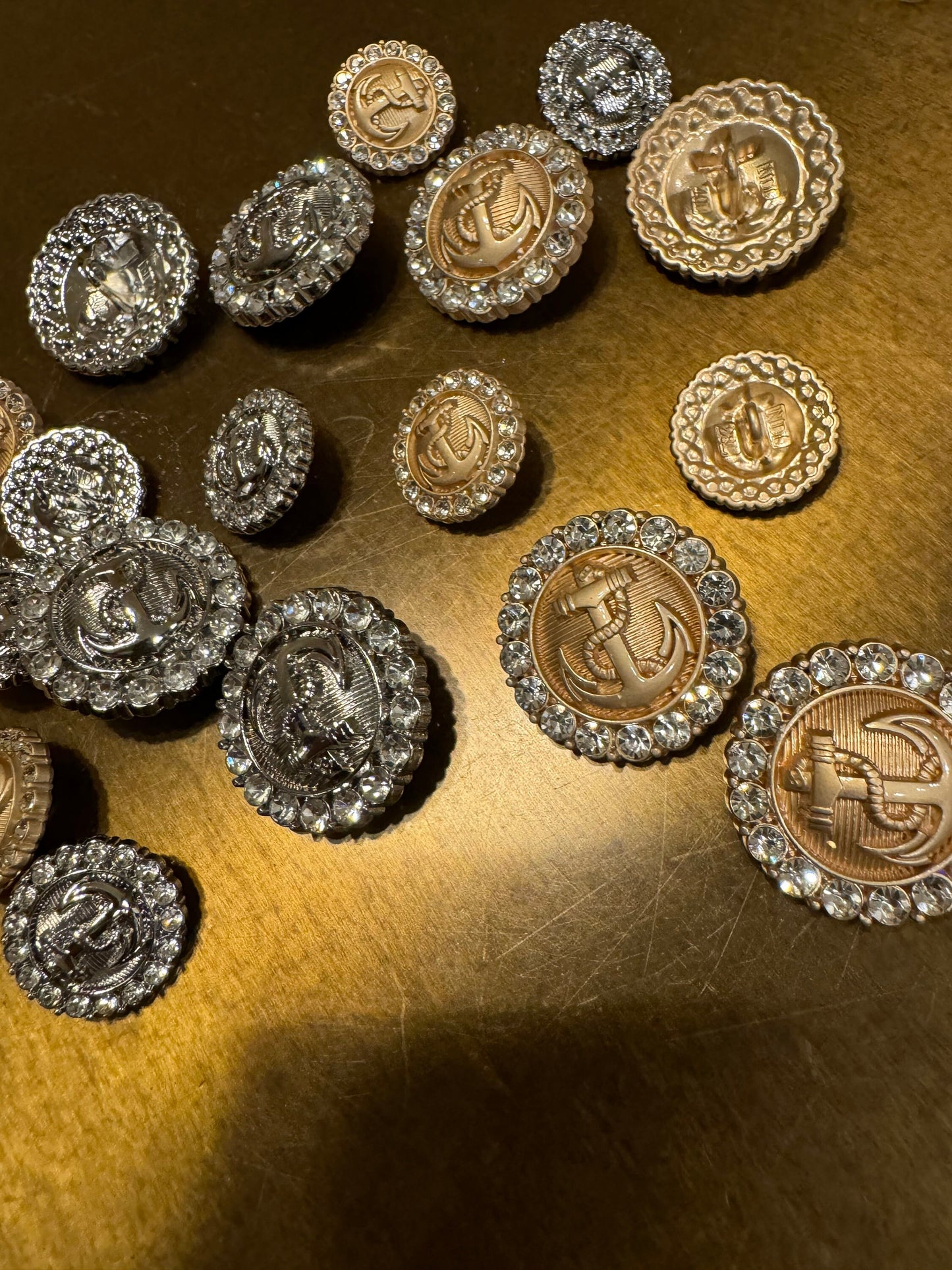 Rhinestone Anchor Shank Buttons, Nautical, Gold or Silver (25mm or 18mm)