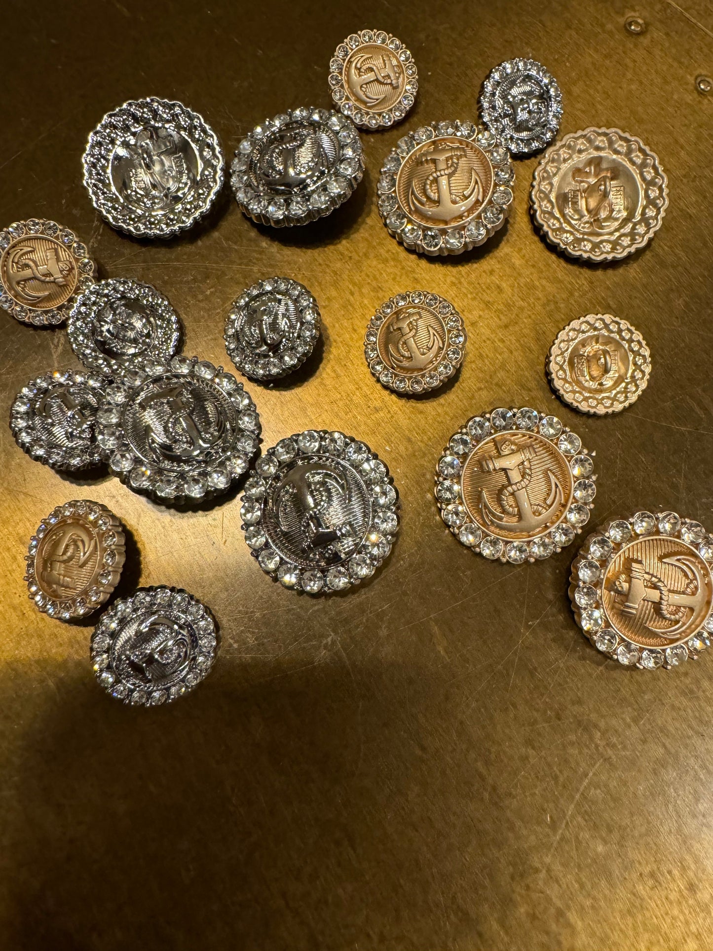 Rhinestone Anchor Shank Buttons, Nautical, Gold or Silver (25mm or 18mm)
