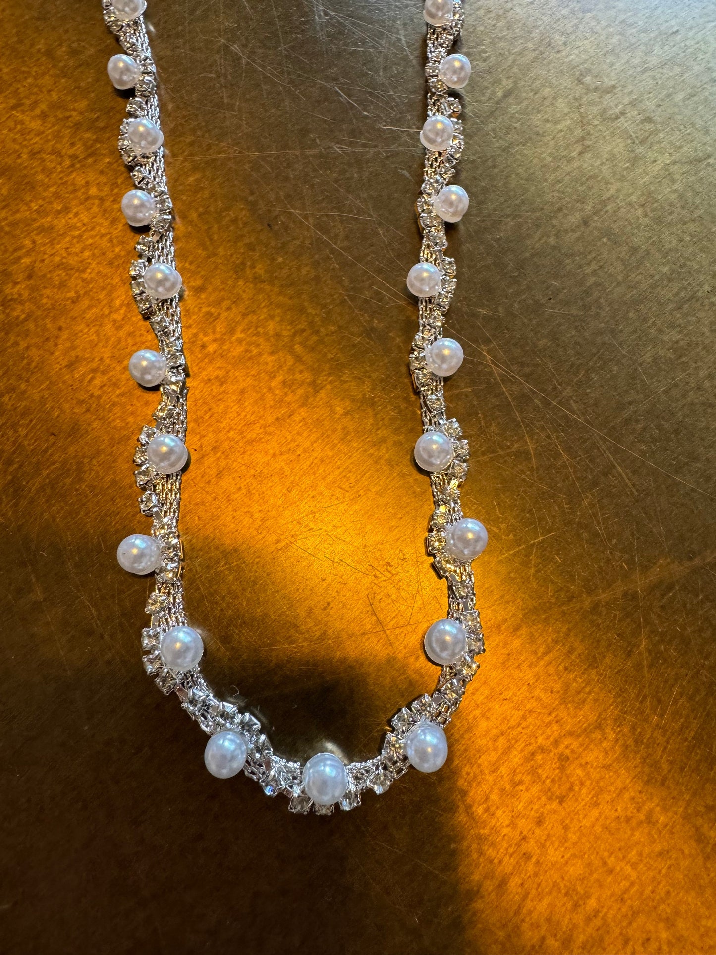 Rhinestone Pearl Wavy Chain Trim, Bridal Dress Applique