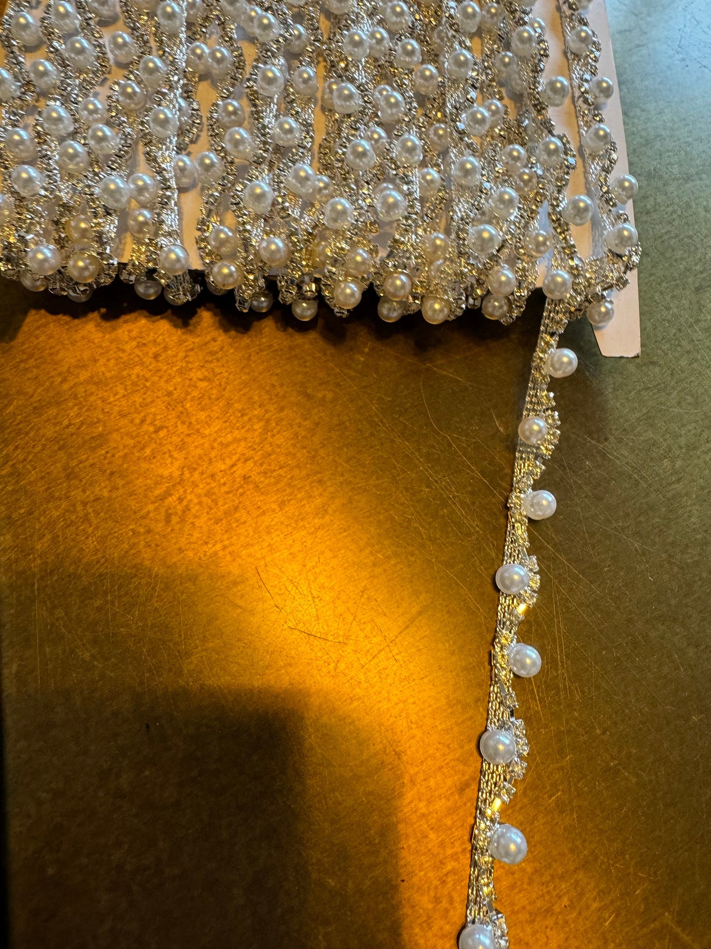 Rhinestone Pearl Wavy Chain Trim, Bridal Dress Applique