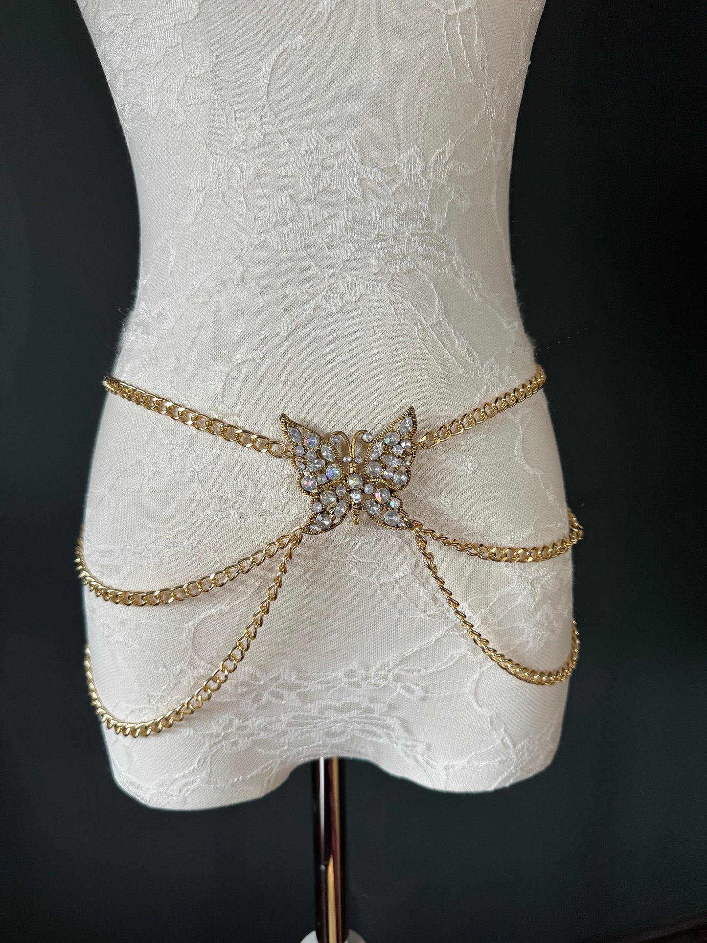 Butterfly Rhinestone Gold Chain Belt, Fashion Body Jewelry
