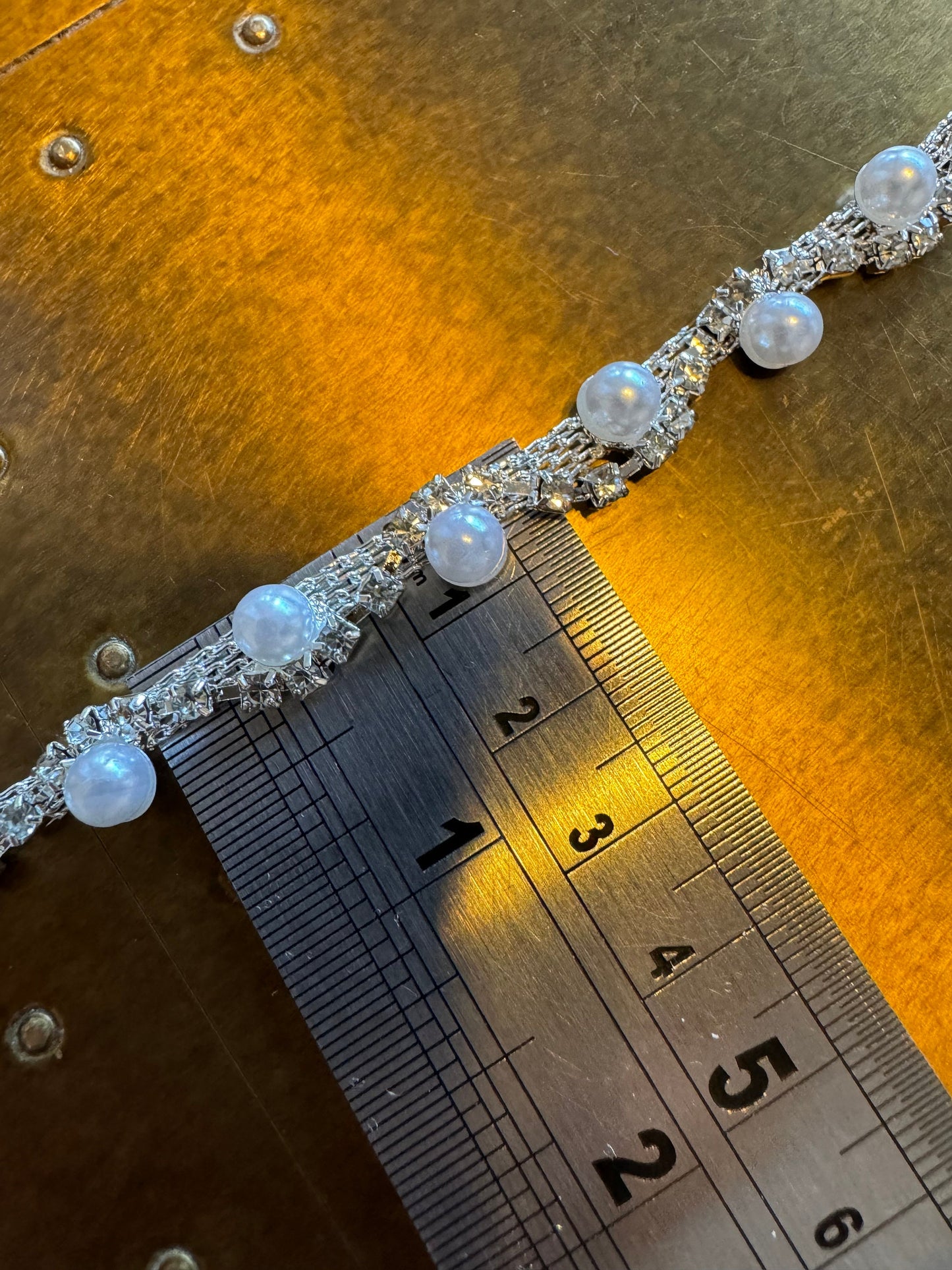 Rhinestone Pearl Wavy Chain Trim, Bridal Dress Applique