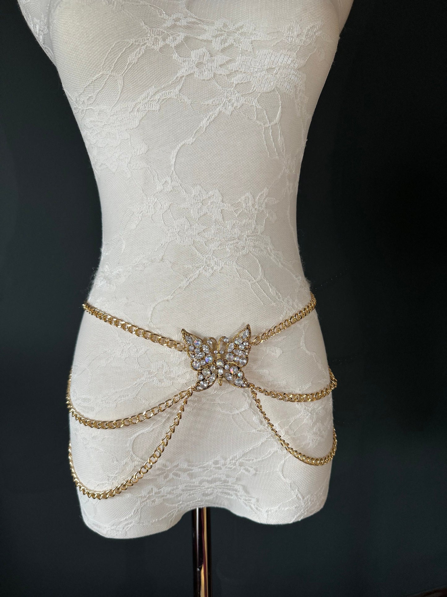 Butterfly Rhinestone Gold Chain Belt, Fashion Body Jewelry